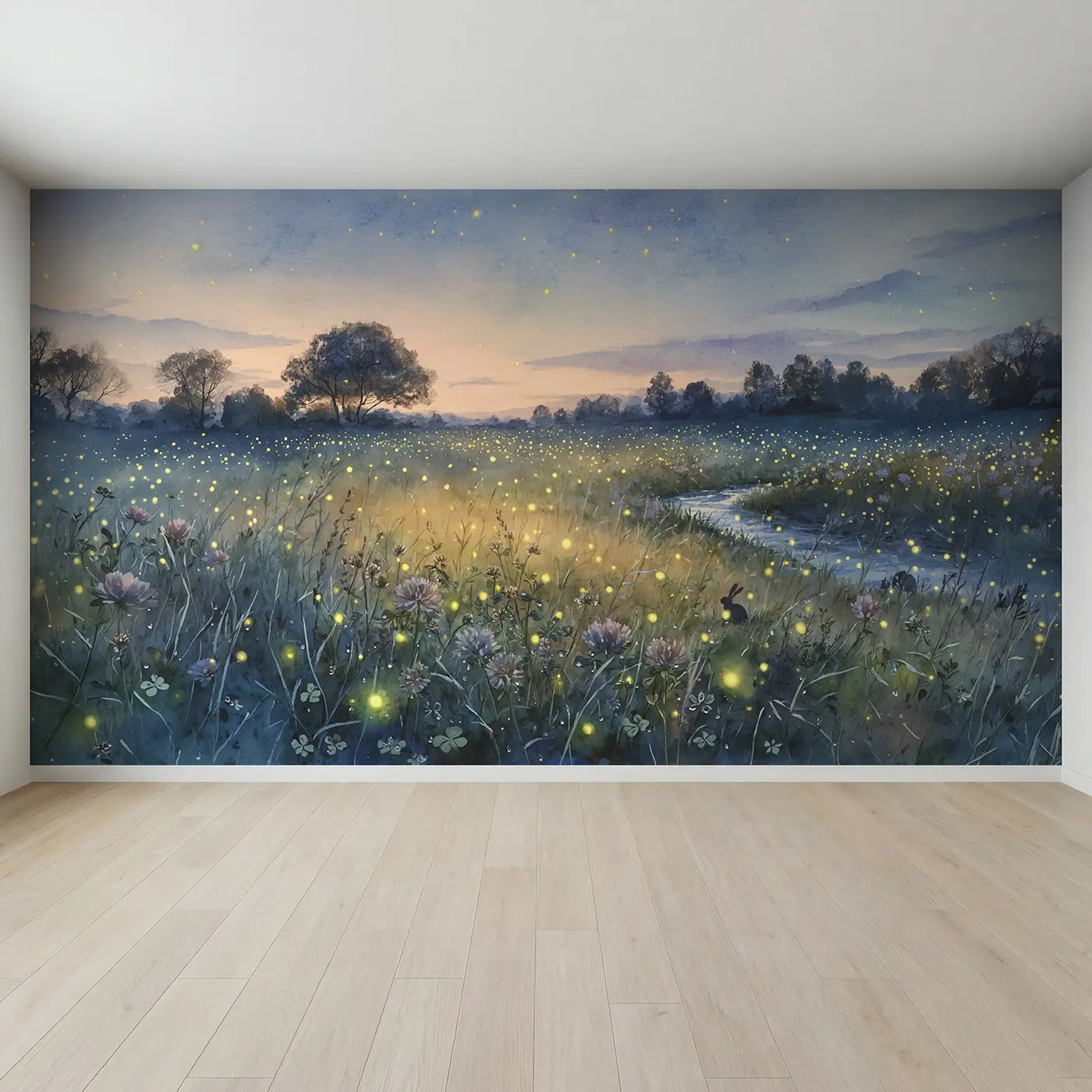 Full view of Twilight Firefly Meadow Wallpaper Mural by Whimsy Tots