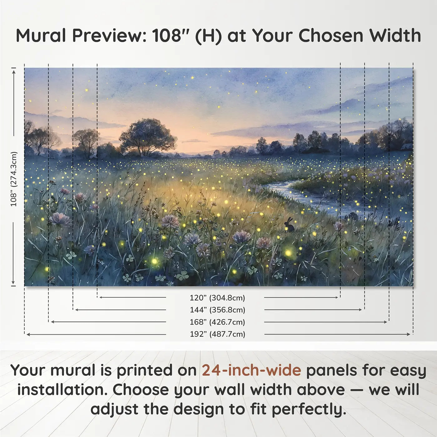 Panel layout and dimensions for Twilight Firefly Meadow Wallpaper Mural by Whimsy Tots