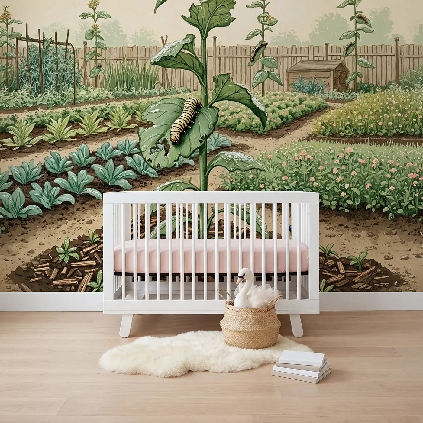 Block print caterpillar and garden wallpaper mural for nursery by Whimsy Tots