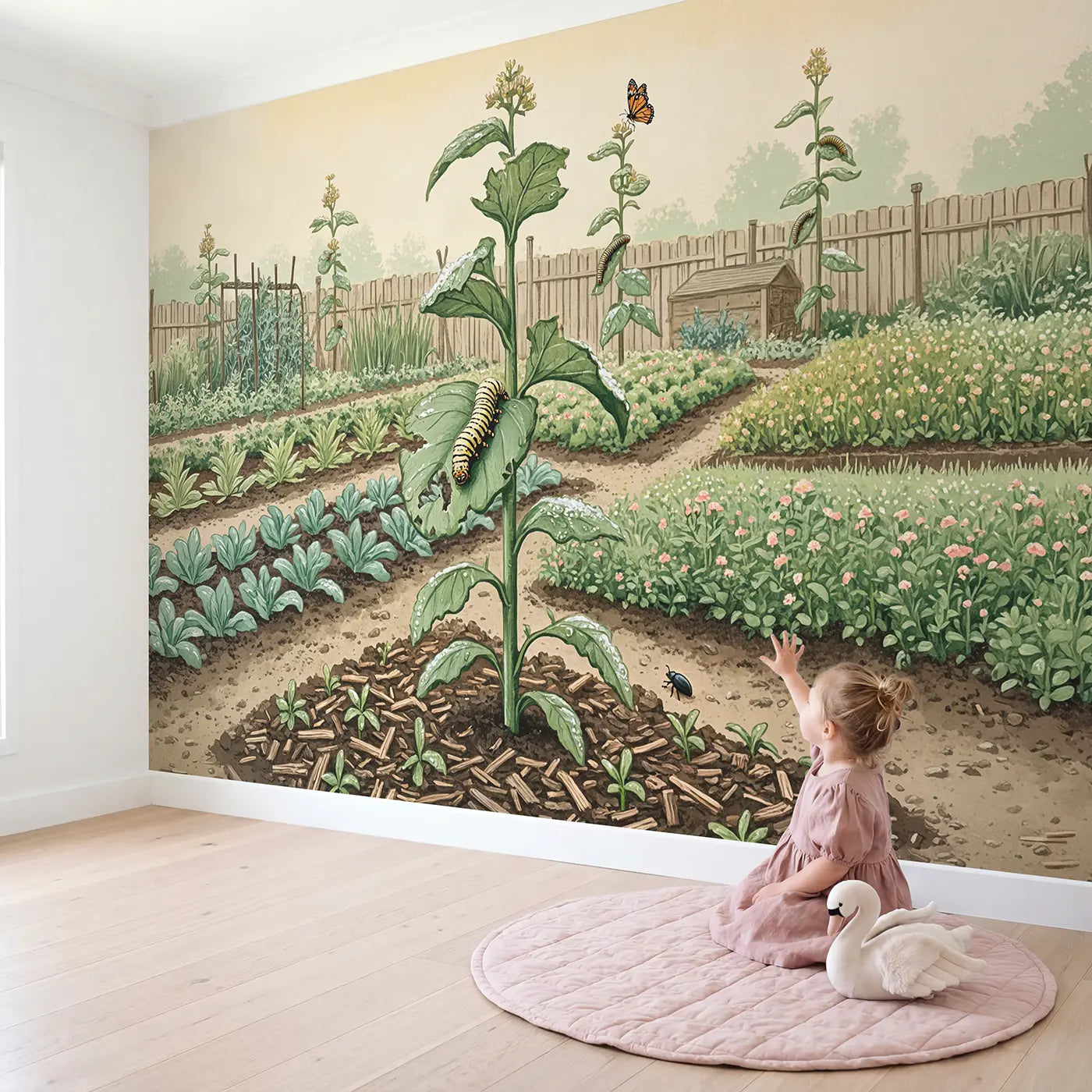 Child in nursery with Caterpillar on Milkweed Leaf Wallpaper Mural by Whimsy Tots