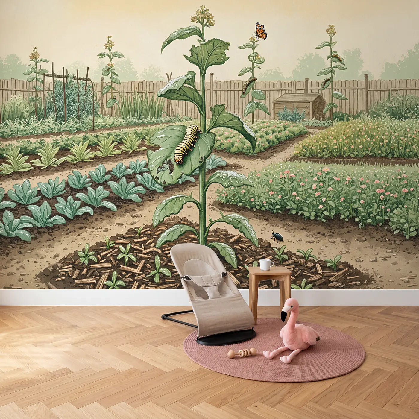 Caterpillar on Milkweed Leaf Wallpaper Mural in playroom setting by Whimsy Tots