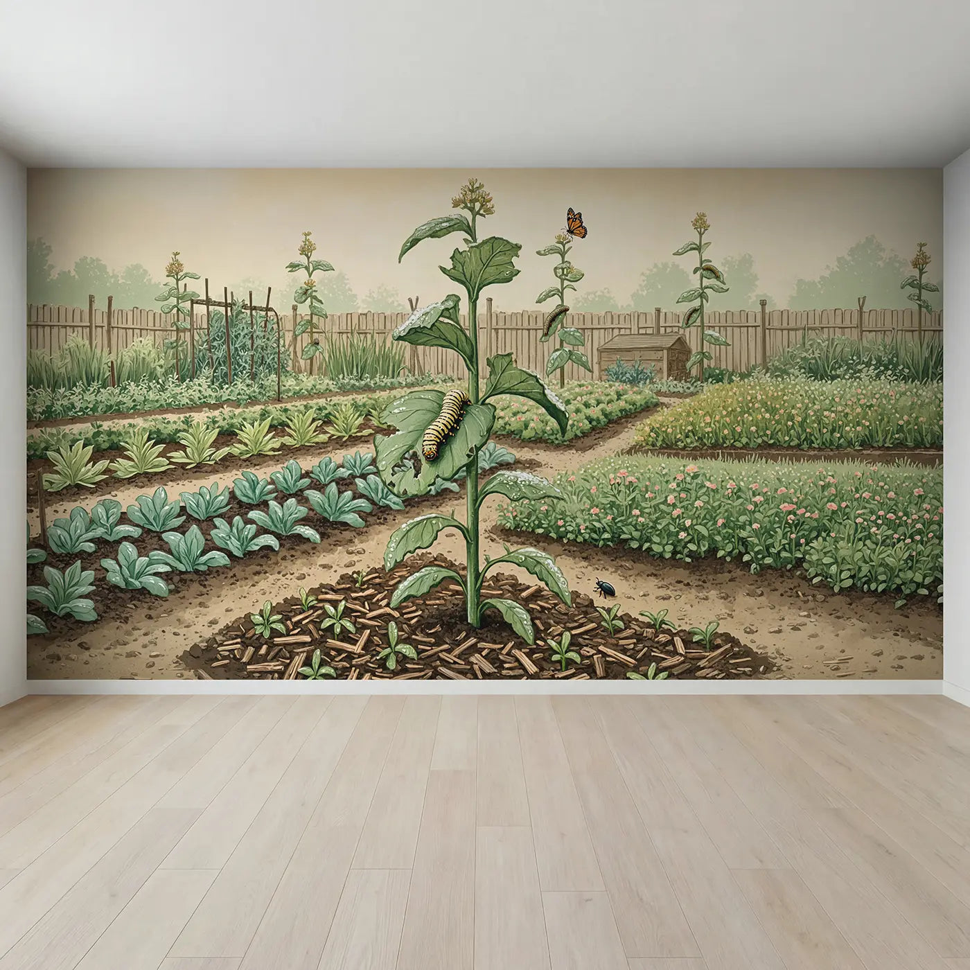 Full view of Caterpillar on Milkweed Leaf Wallpaper Mural by Whimsy Tots