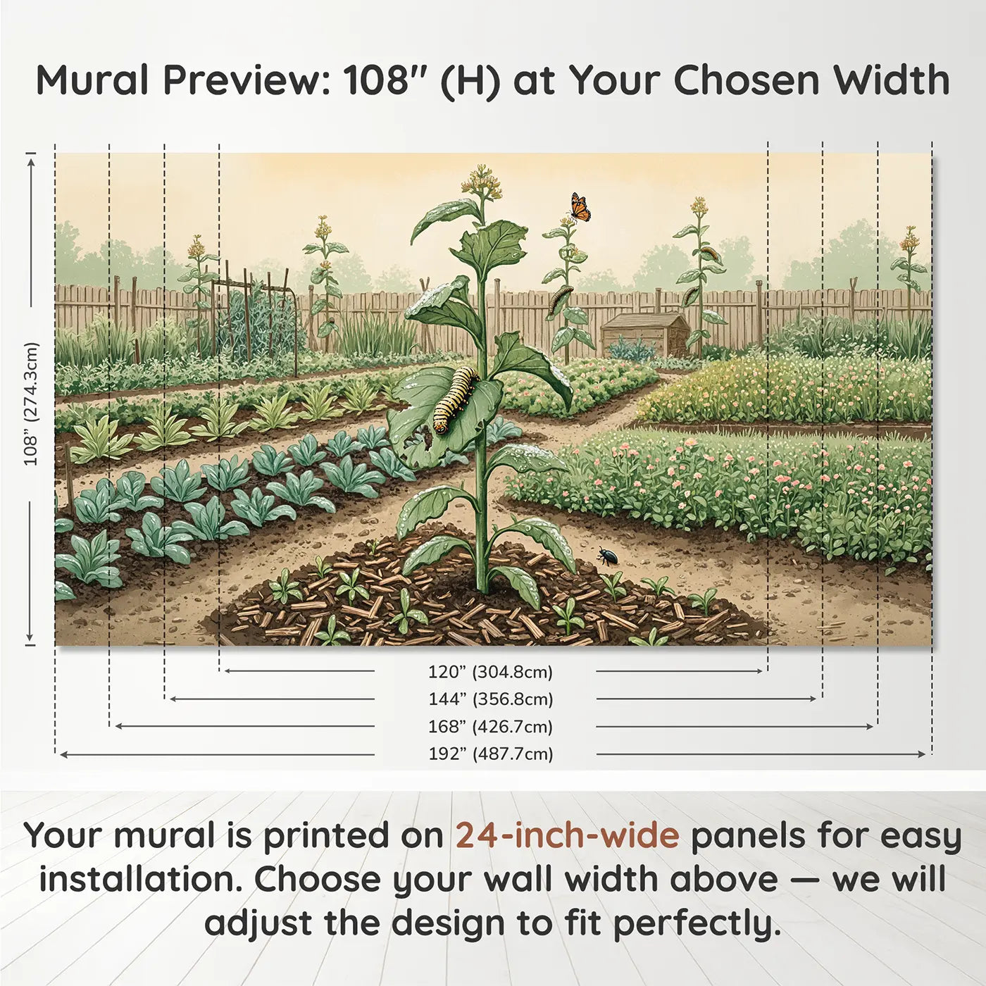 Panel layout and dimensions for Caterpillar on Milkweed Leaf Wallpaper Mural by Whimsy Tots