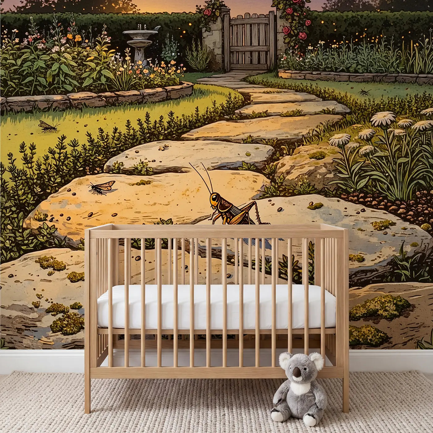 Block print twilight cricket garden path wallpaper mural for kids room by Whimsy Tots