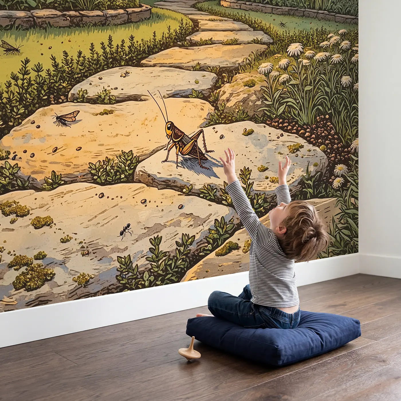 Child in nursery with Twilight Cricket Garden Path Wallpaper Mural by Whimsy Tots