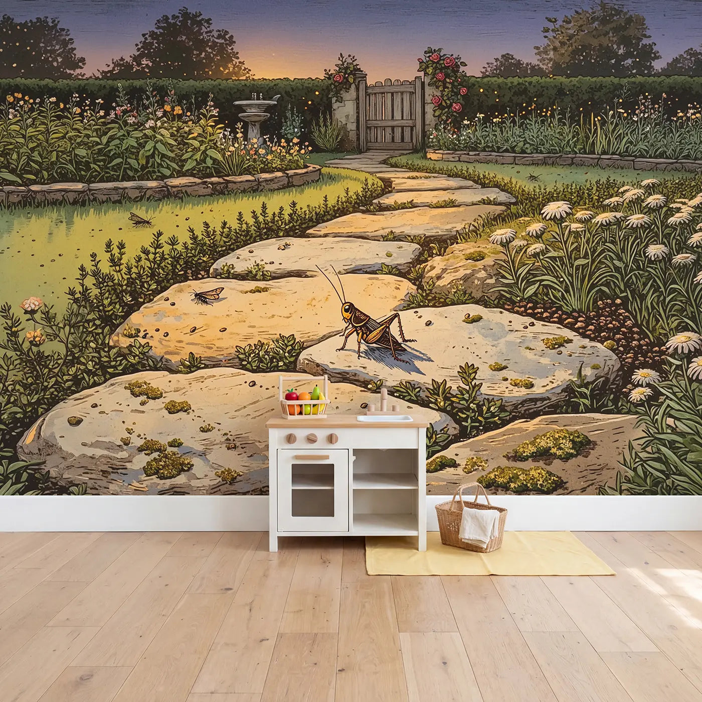 Twilight Cricket Garden Path Wallpaper Mural in playroom setting by Whimsy Tots
