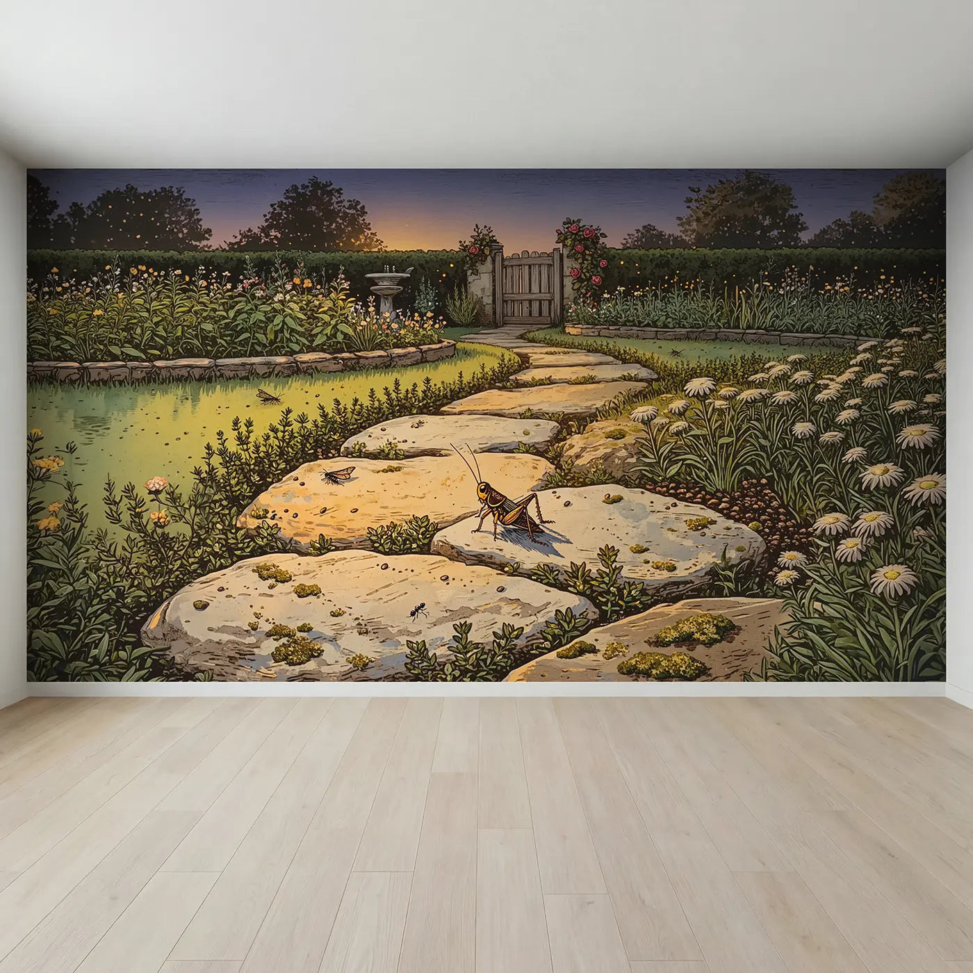 Full view of Twilight Cricket Garden Path Wallpaper Mural by Whimsy Tots
