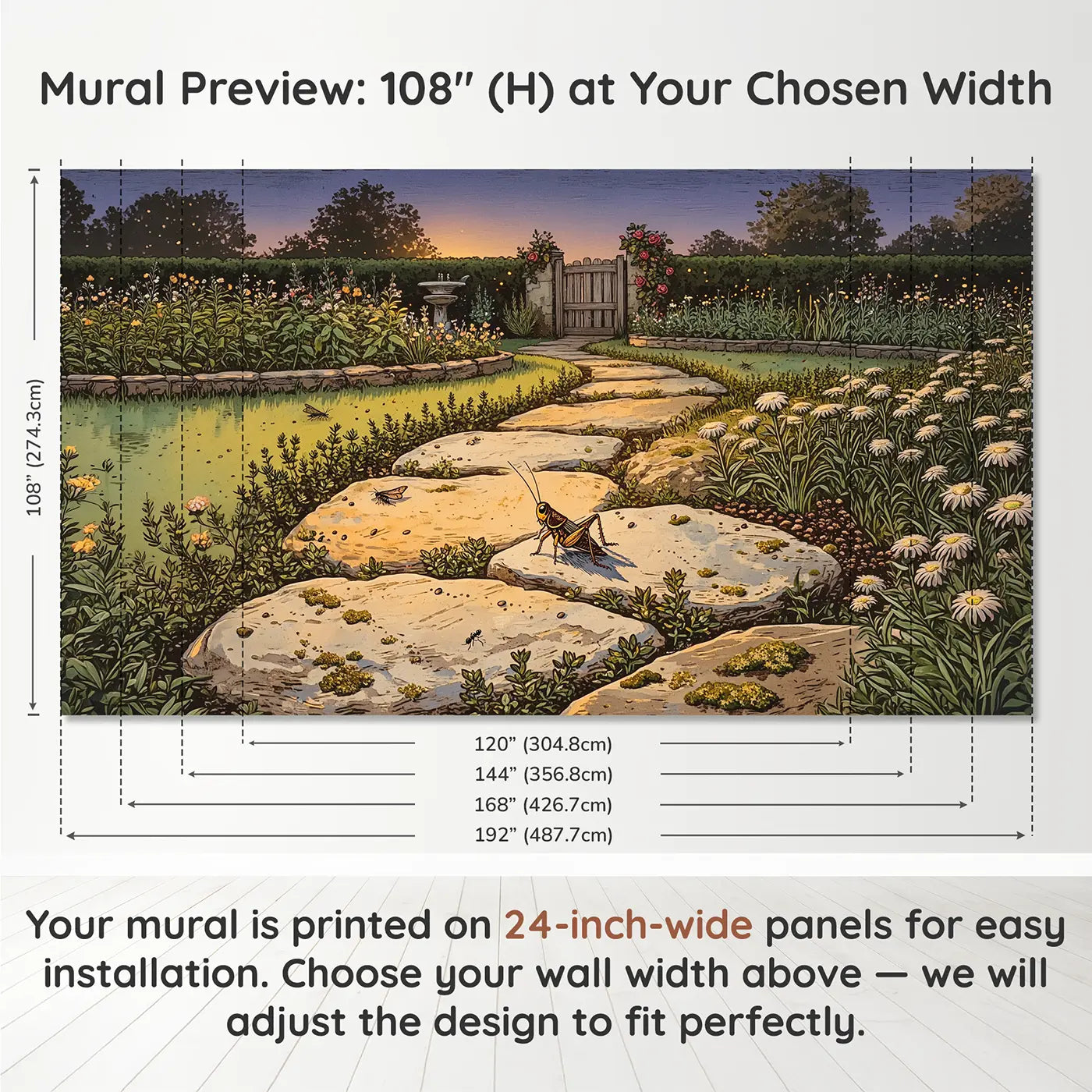 Panel layout and dimensions for Twilight Cricket Garden Path Wallpaper Mural by Whimsy Tots
