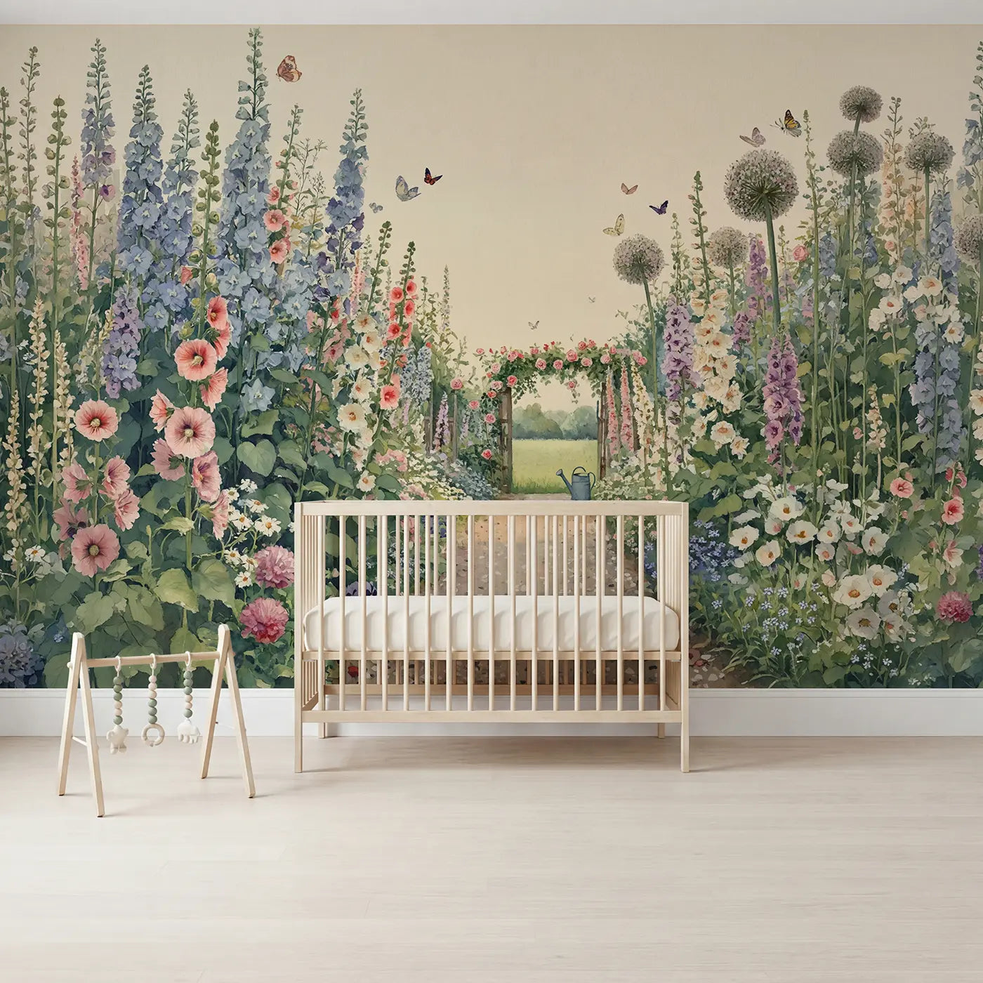 Watercolor butterfly garden path gate wallpaper mural for nursery by Whimsy Tots