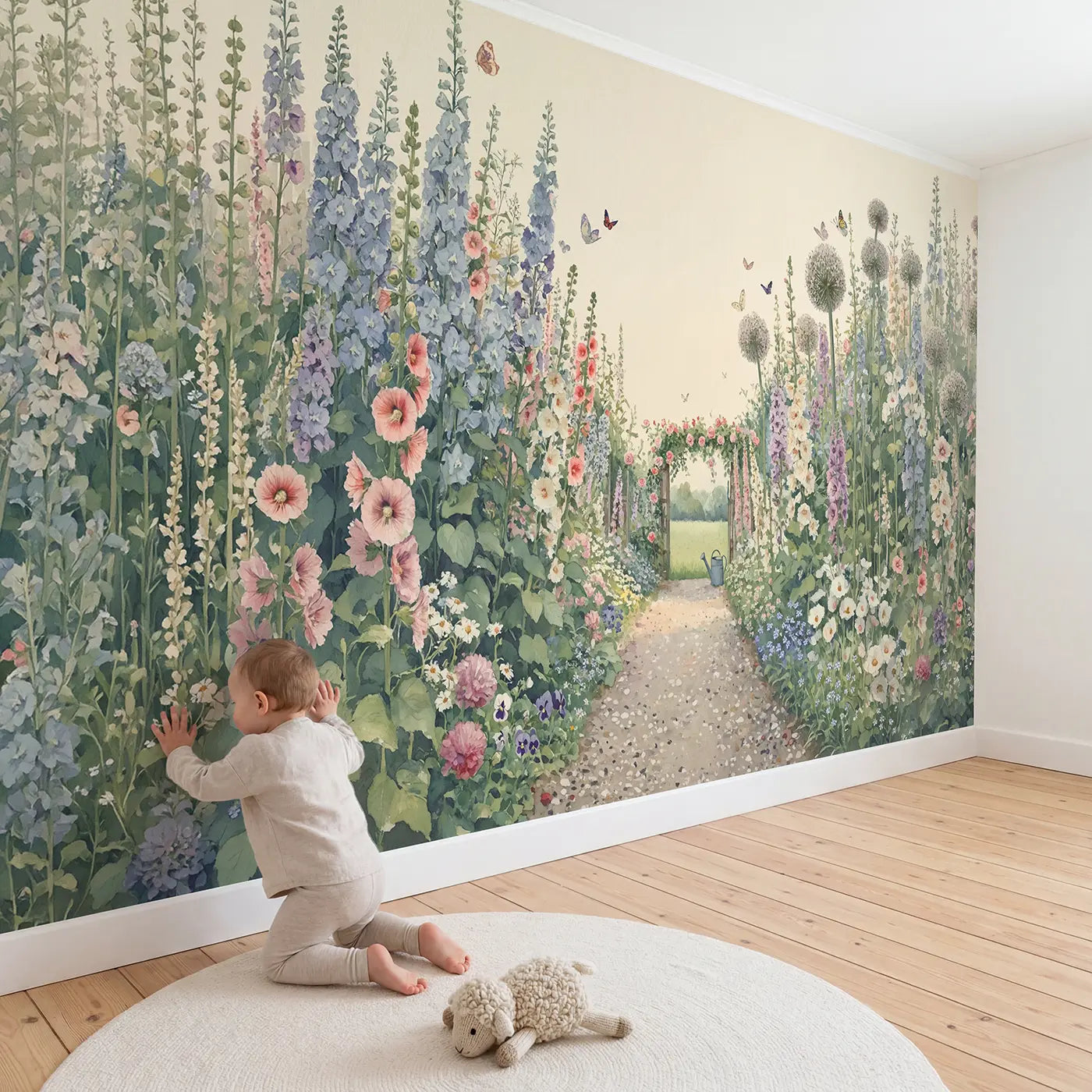 Child in nursery with Summer Garden Path Wallpaper Mural by Whimsy Tots