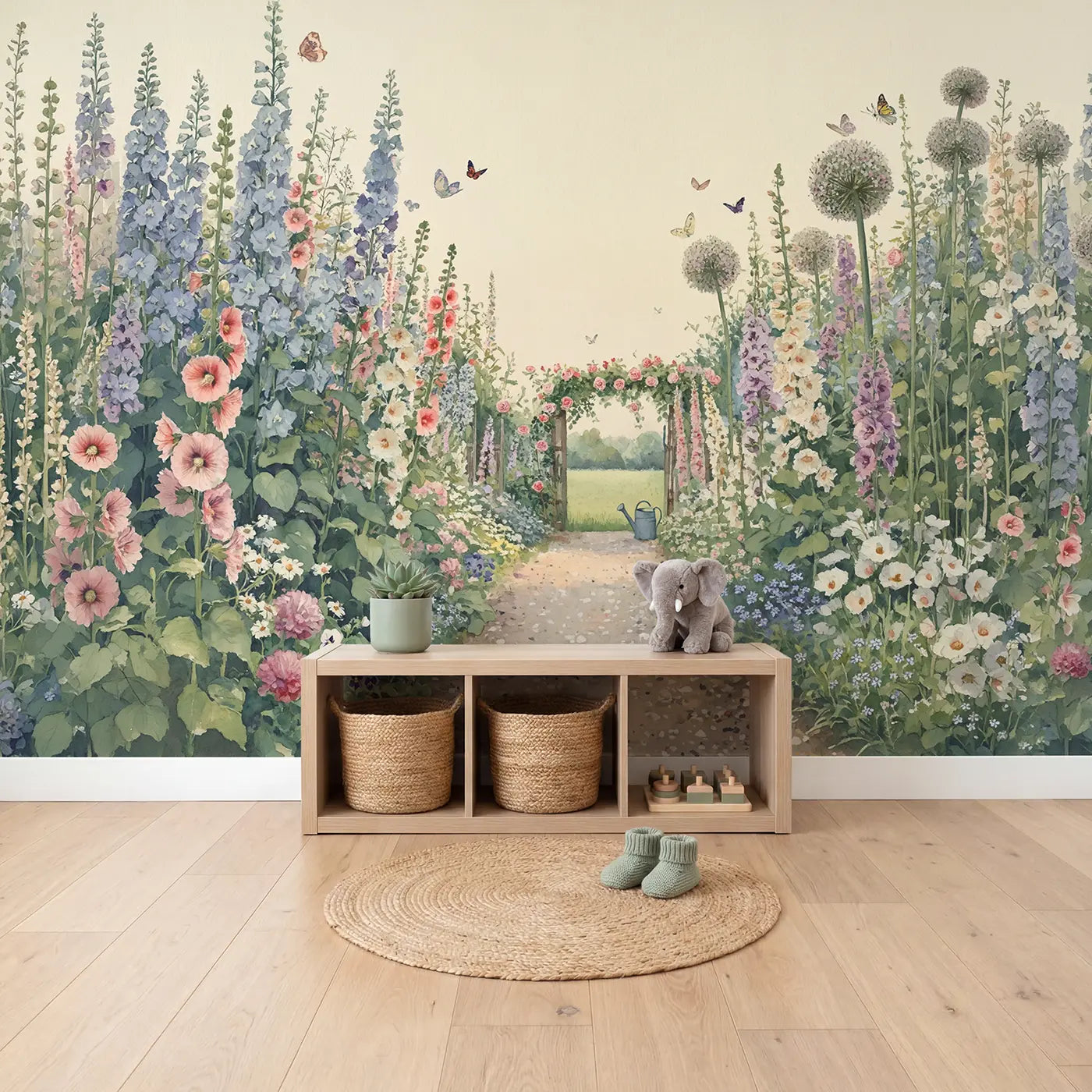 Summer Garden Path Wallpaper Mural in playroom setting by Whimsy Tots