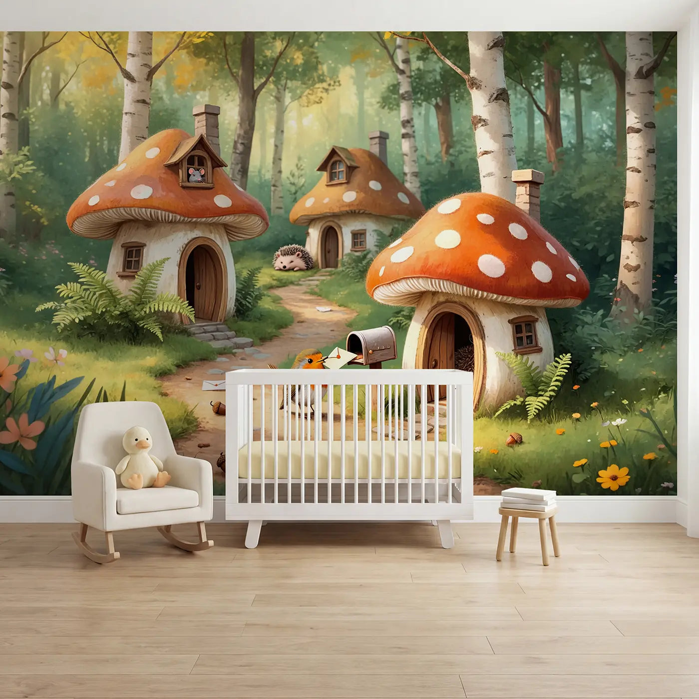 soft pastel mushroom mailbox robin forest wallpaper mural for kids room by Whimsy Tots