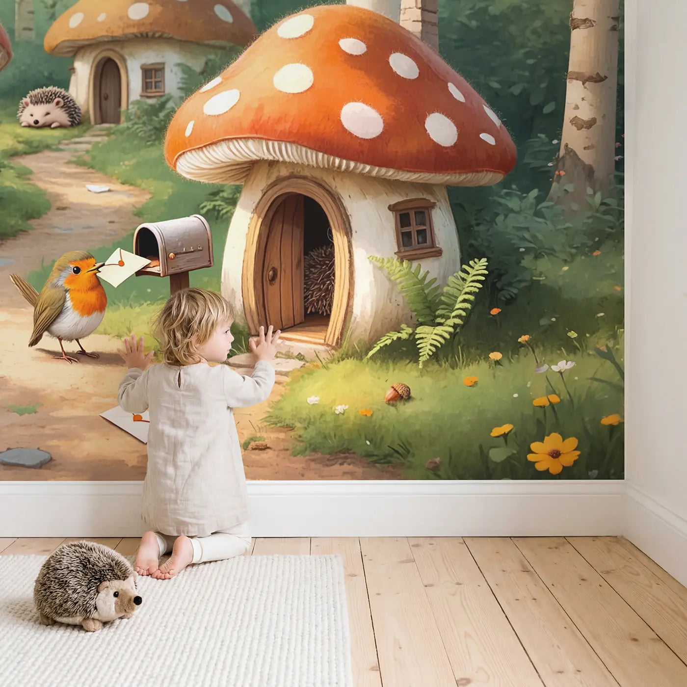 Child in nursery with Mushroom Mailbox Robin Wallpaper Mural by Whimsy Tots