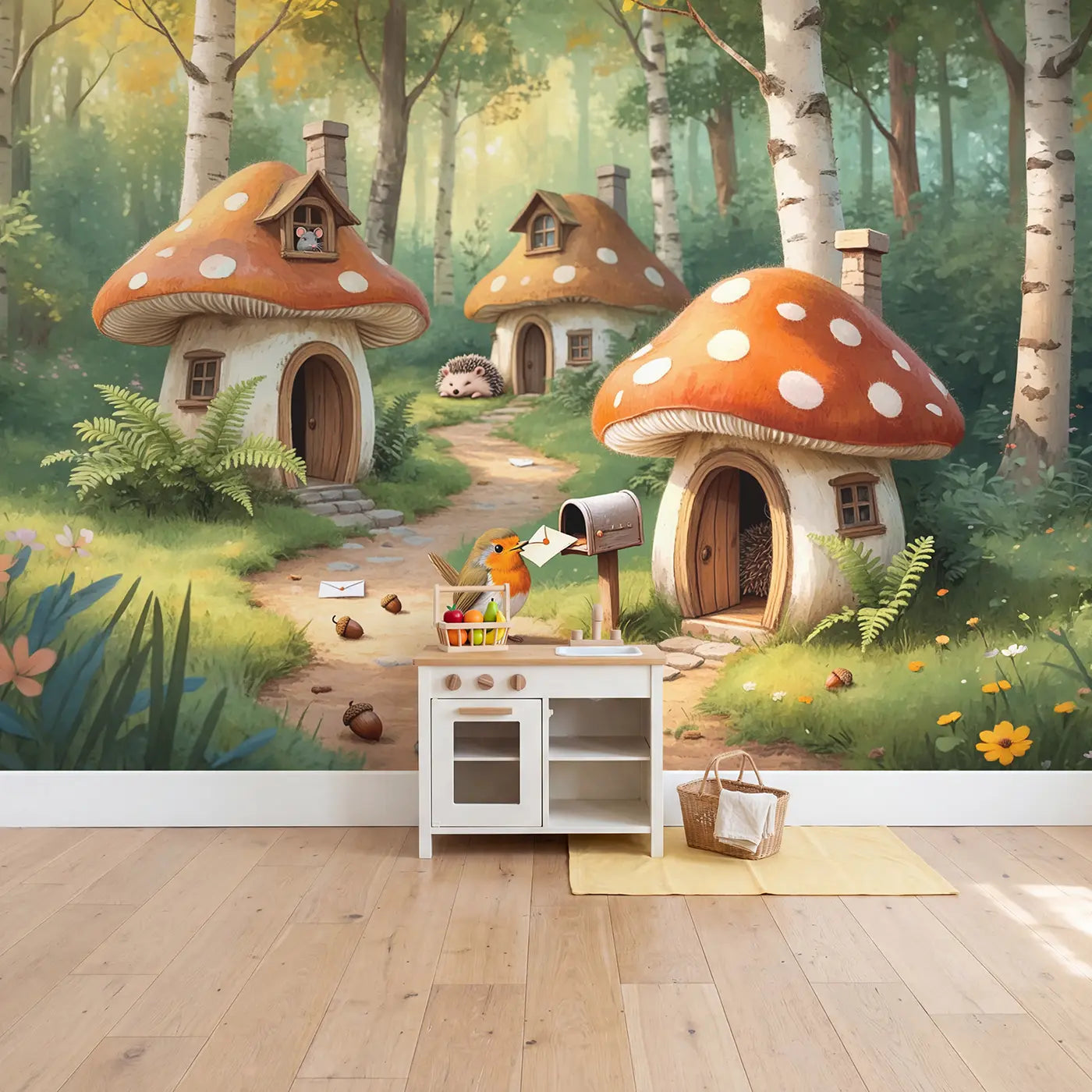 Mushroom Mailbox Robin Wallpaper Mural in playroom setting by Whimsy Tots