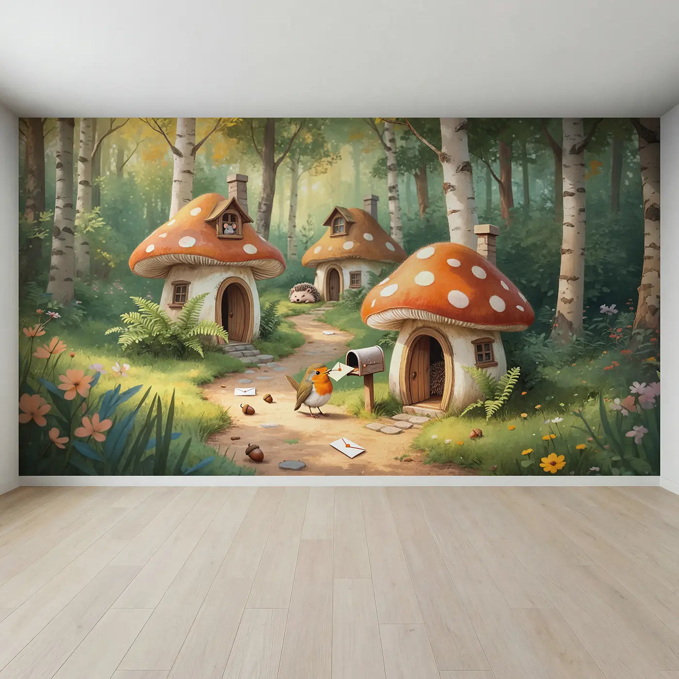 Full view of Mushroom Mailbox Robin Wallpaper Mural by Whimsy Tots