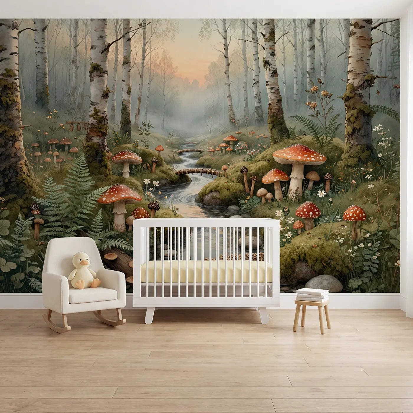 Storybook toadstool valley stream morning wallpaper mural for nursery by Whimsy Tots