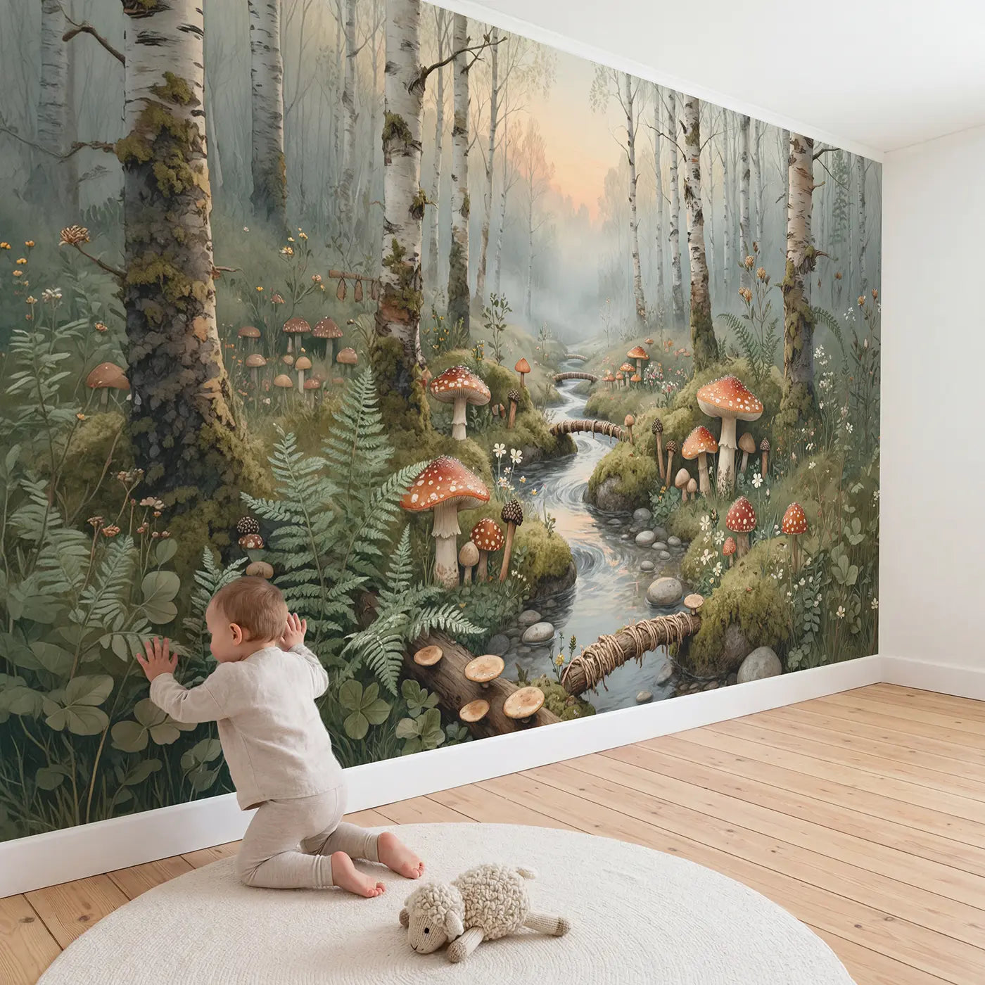 Child in nursery with Toadstool Valley Morning Wallpaper Mural by Whimsy Tots