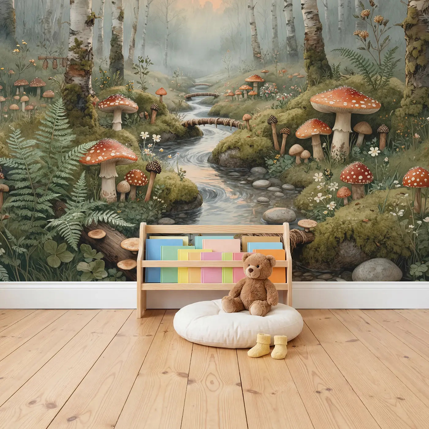 Toadstool Valley Morning Wallpaper Mural in playroom setting by Whimsy Tots