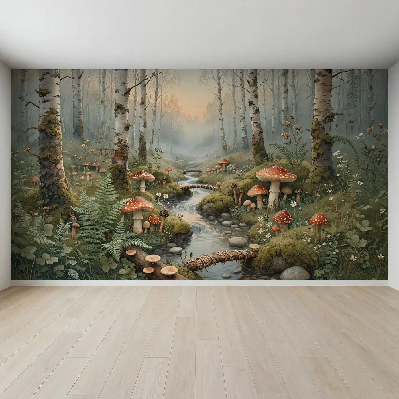 Full view of Toadstool Valley Morning Wallpaper Mural by Whimsy Tots