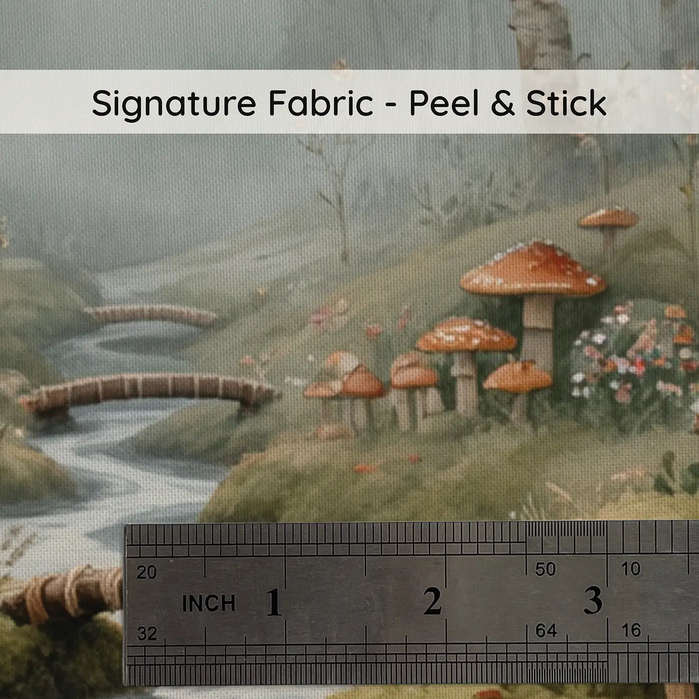 Fabric texture close-up of Toadstool Valley Morning Wallpaper Mural by Whimsy Tots