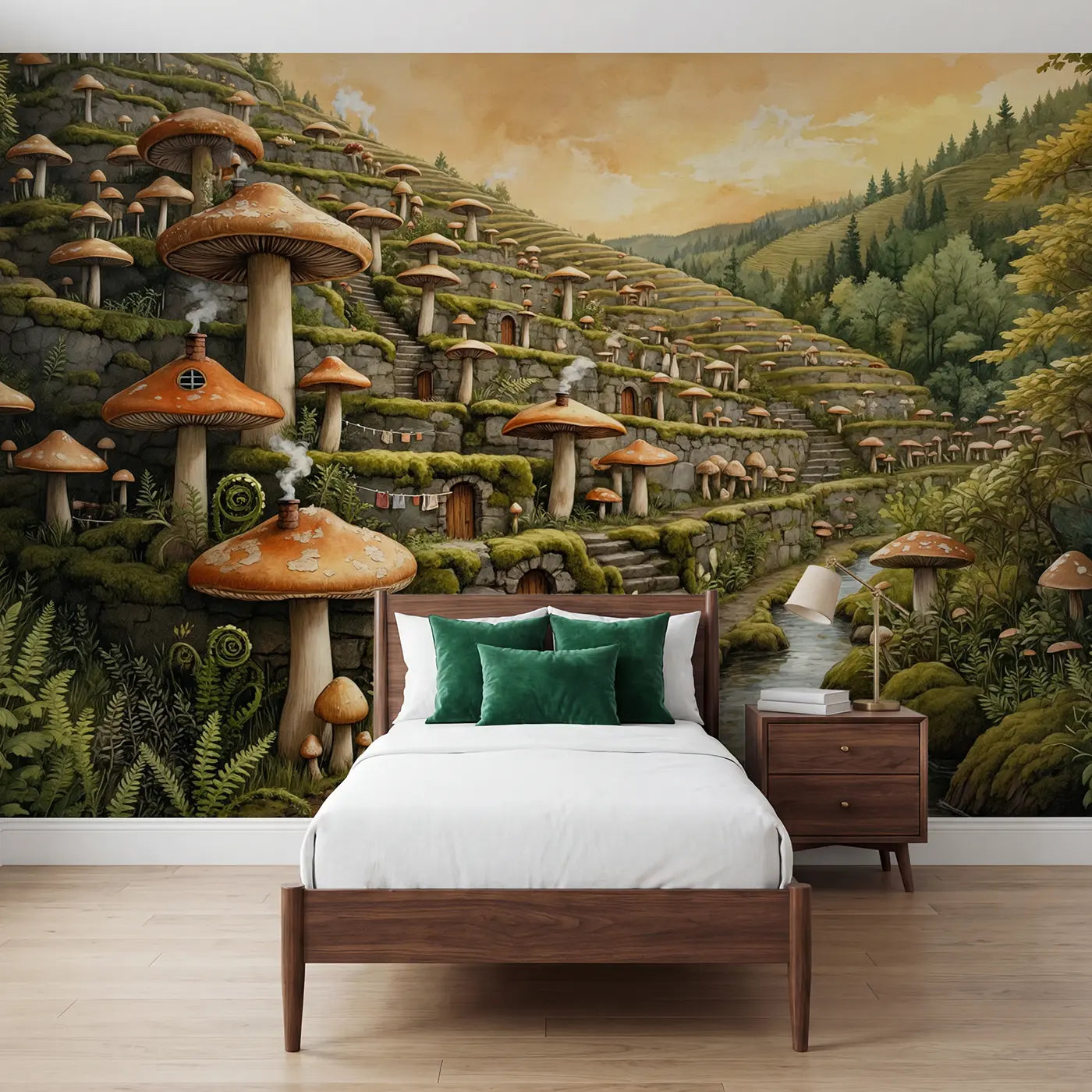 Storybook mushroom terrace hillside wallpaper mural for girls room by Whimsy Tots