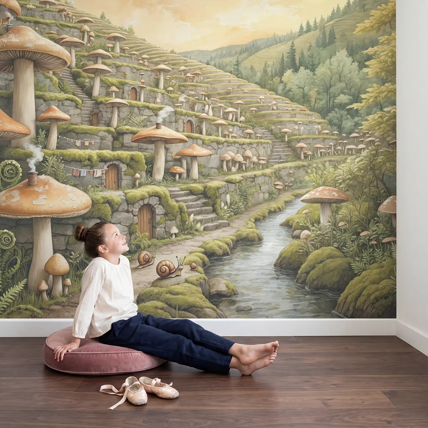 Child in nursery with Mushroom Terrace Hillside Wallpaper Mural by Whimsy Tots