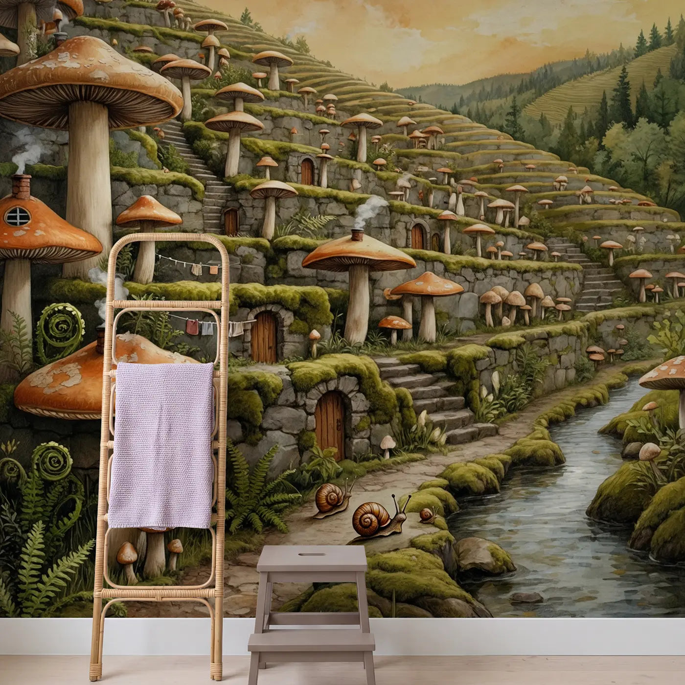 Mushroom Terrace Hillside Wallpaper Mural in playroom setting by Whimsy Tots