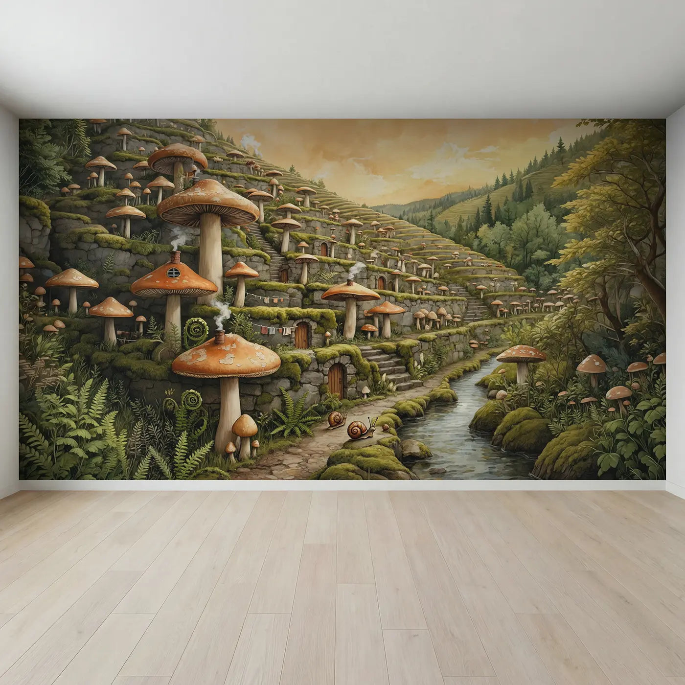 Full view of Mushroom Terrace Hillside Wallpaper Mural by Whimsy Tots