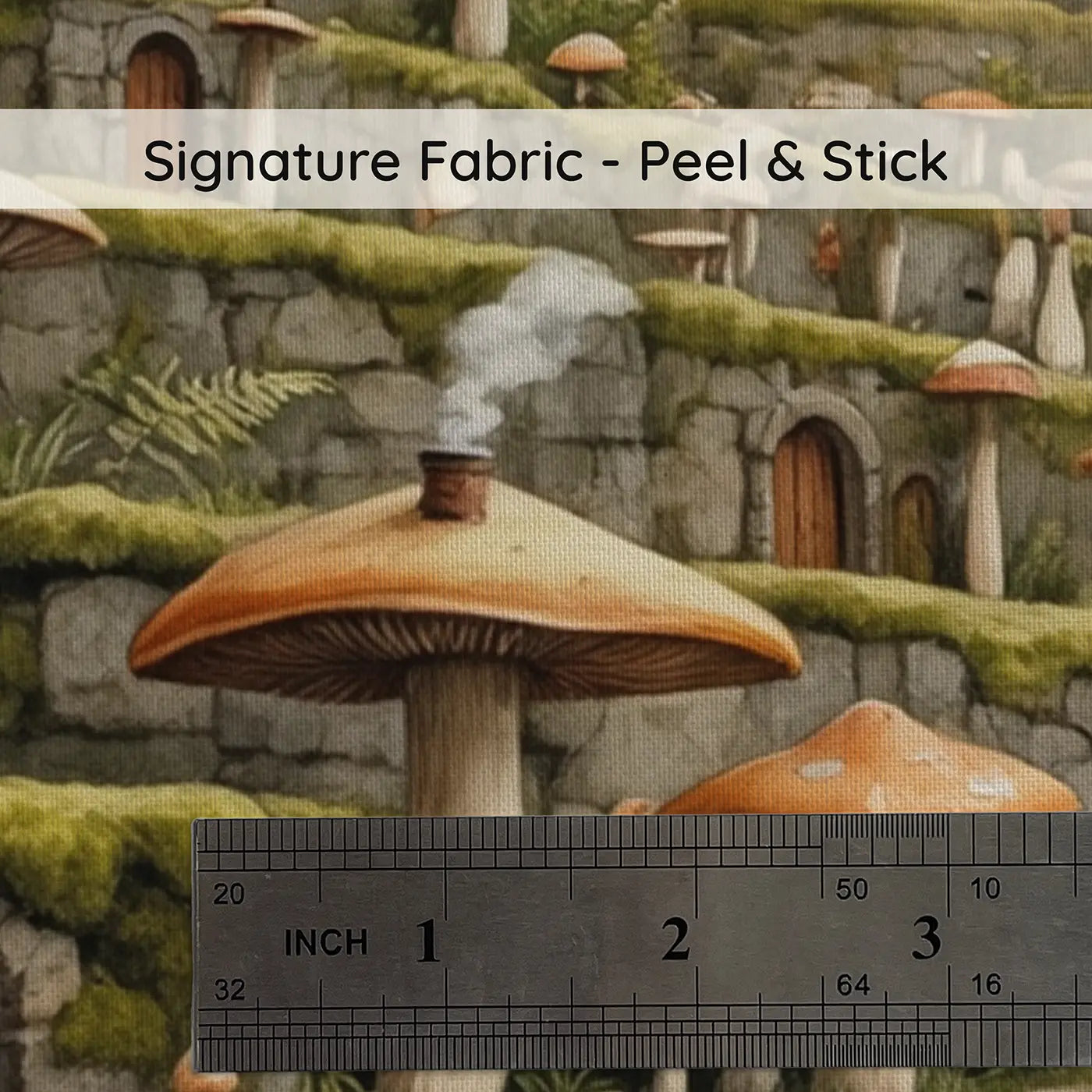 Fabric texture close-up of Mushroom Terrace Hillside Wallpaper Mural by Whimsy Tots
