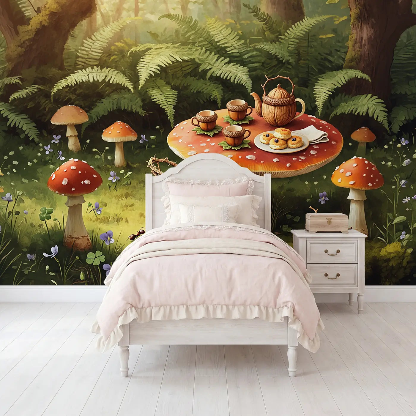 Soft pastel acorn tea set toadstool forest wallpaper mural for girls room by Whimsy Tots
