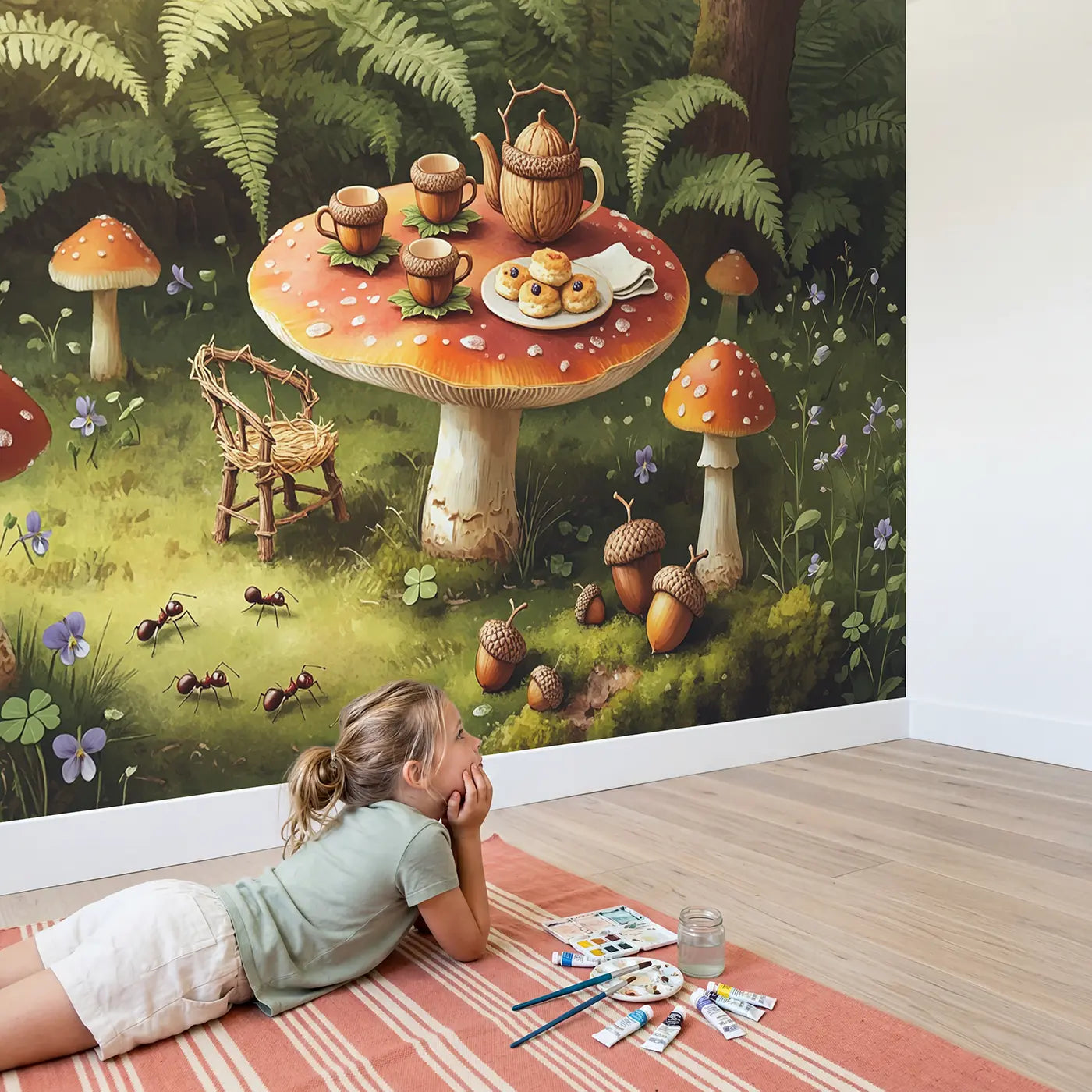 Child in nursery with Acorn Cup Tea Set Toadstool Wallpaper Mural by Whimsy Tots