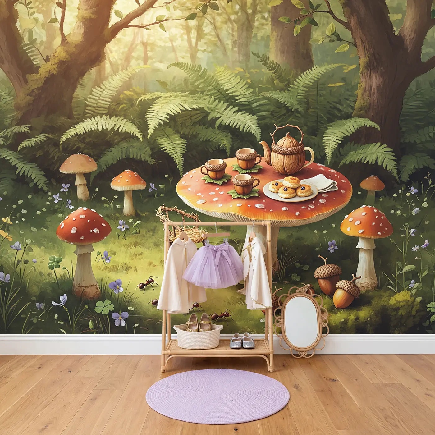 Acorn Cup Tea Set Toadstool Wallpaper Mural in playroom setting by Whimsy Tots