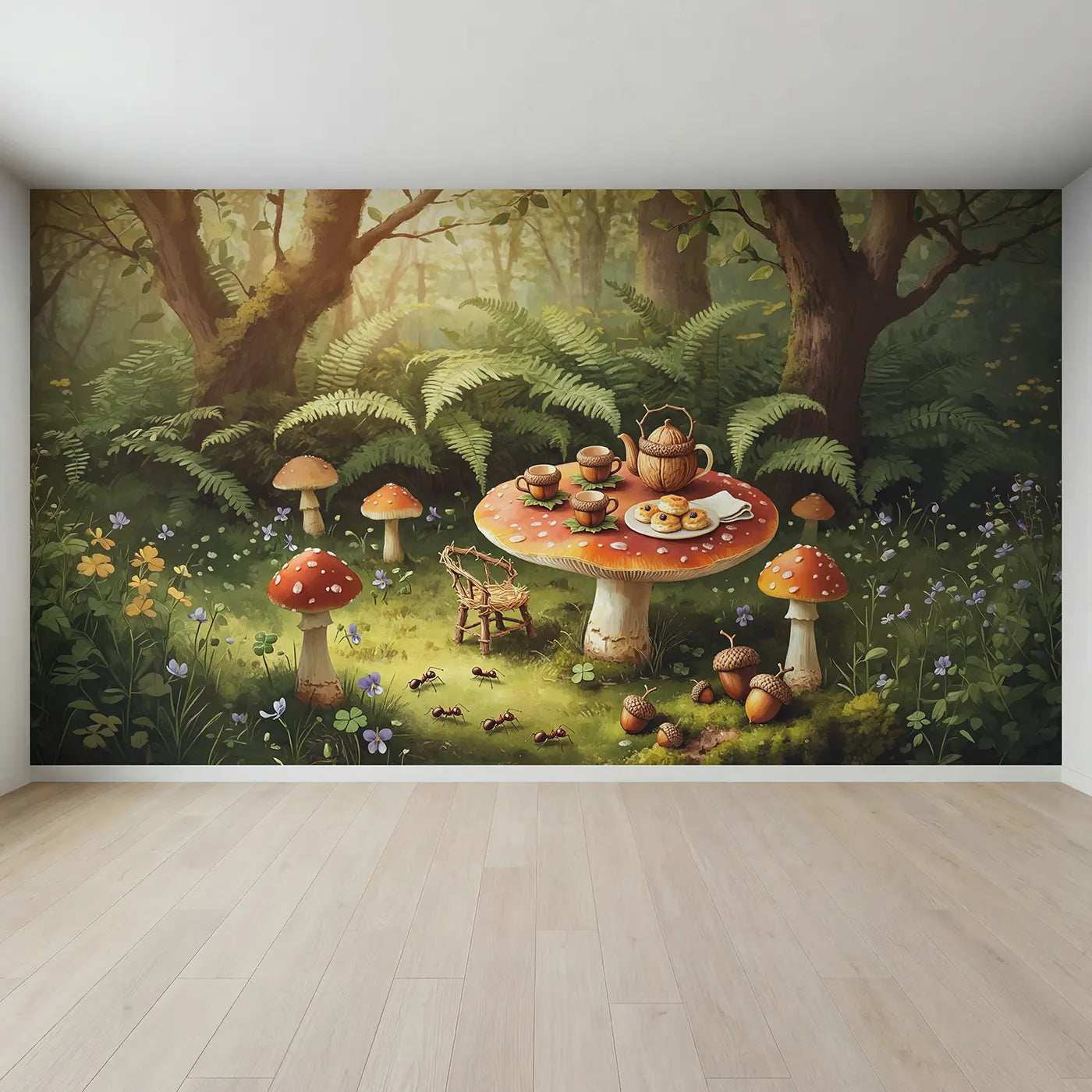 Full view of Acorn Cup Tea Set Toadstool Wallpaper Mural by Whimsy Tots