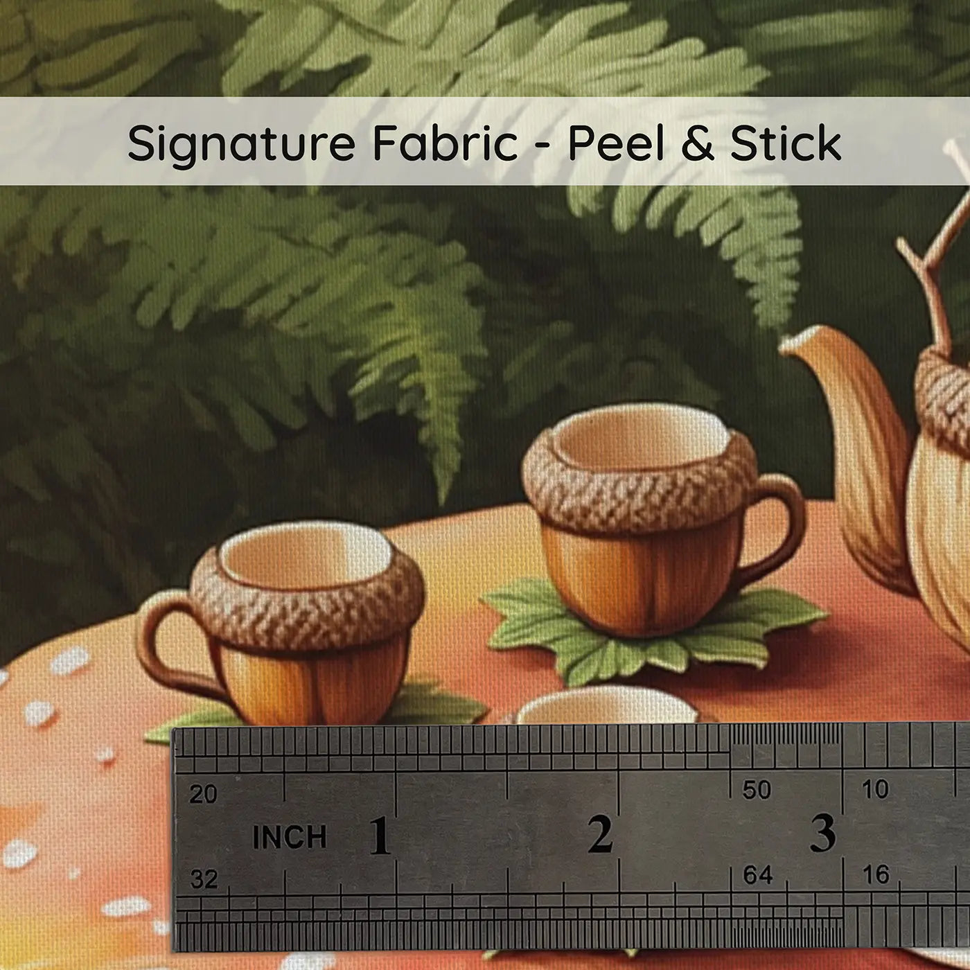 Fabric texture close-up of Acorn Cup Tea Set Toadstool Wallpaper Mural by Whimsy Tots