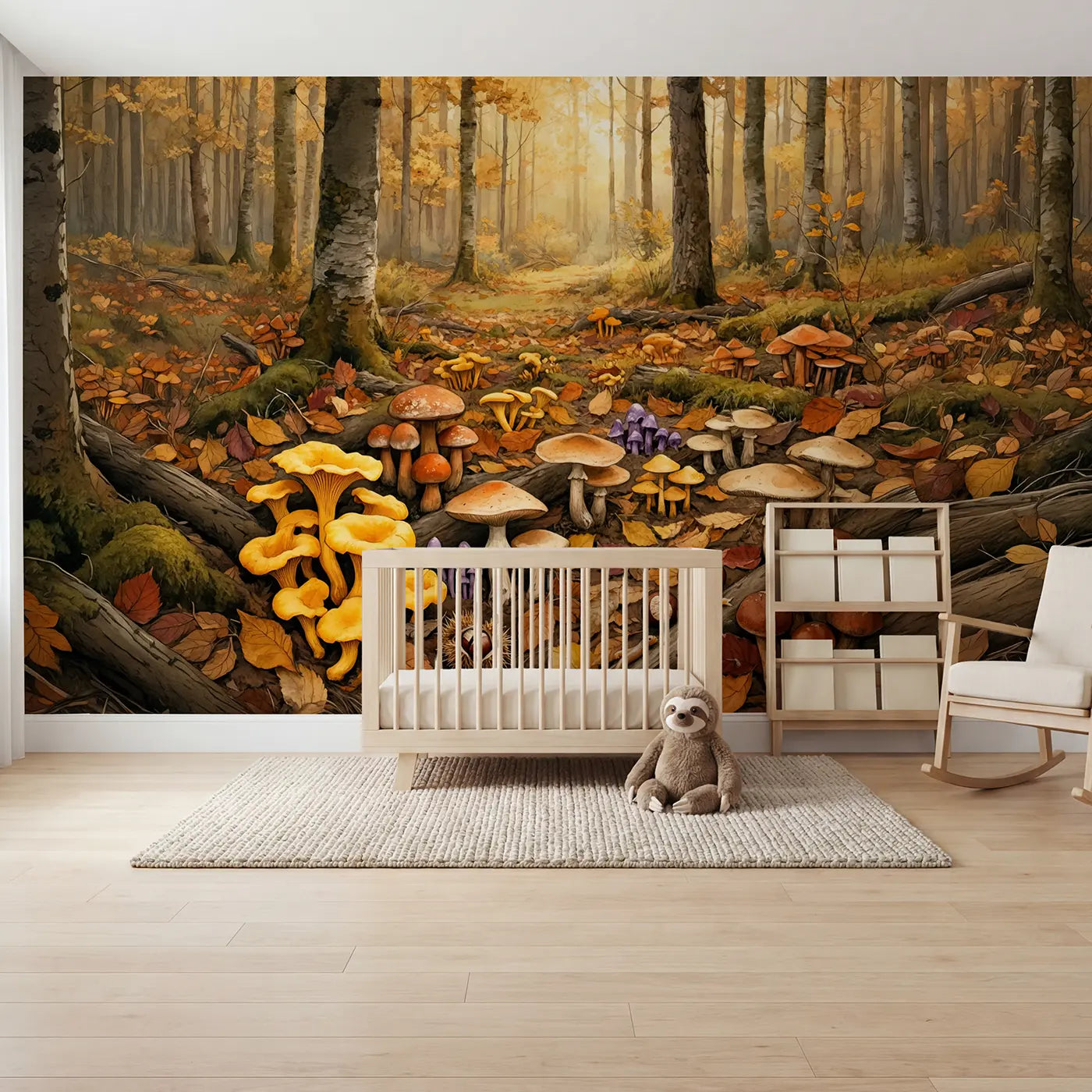storybook illustration autumn mushroom forest floor mural for kids room by Whimsy Tots