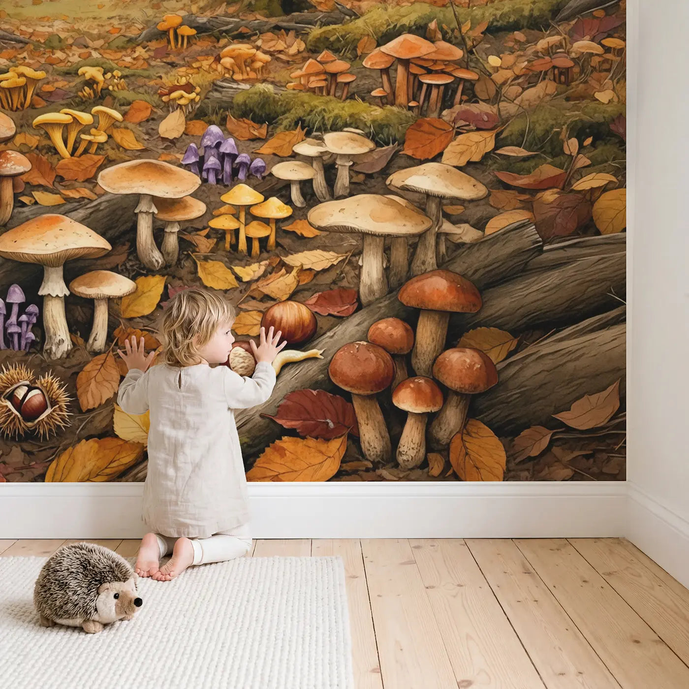Child in nursery with Autumn Mushroom Forest Floor Wallpaper Mural by Whimsy Tots