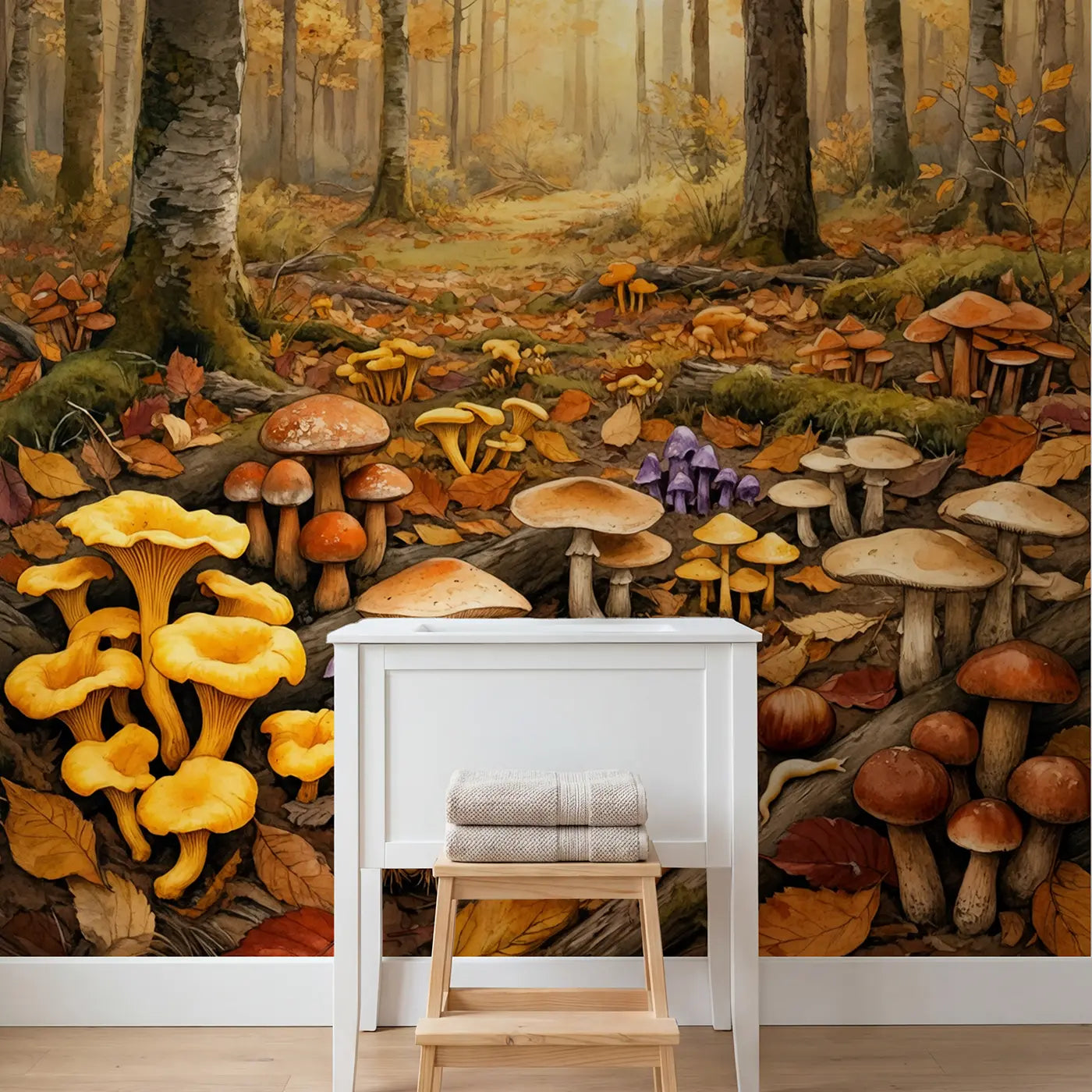 Autumn Mushroom Forest Floor Wallpaper Mural in playroom setting by Whimsy Tots