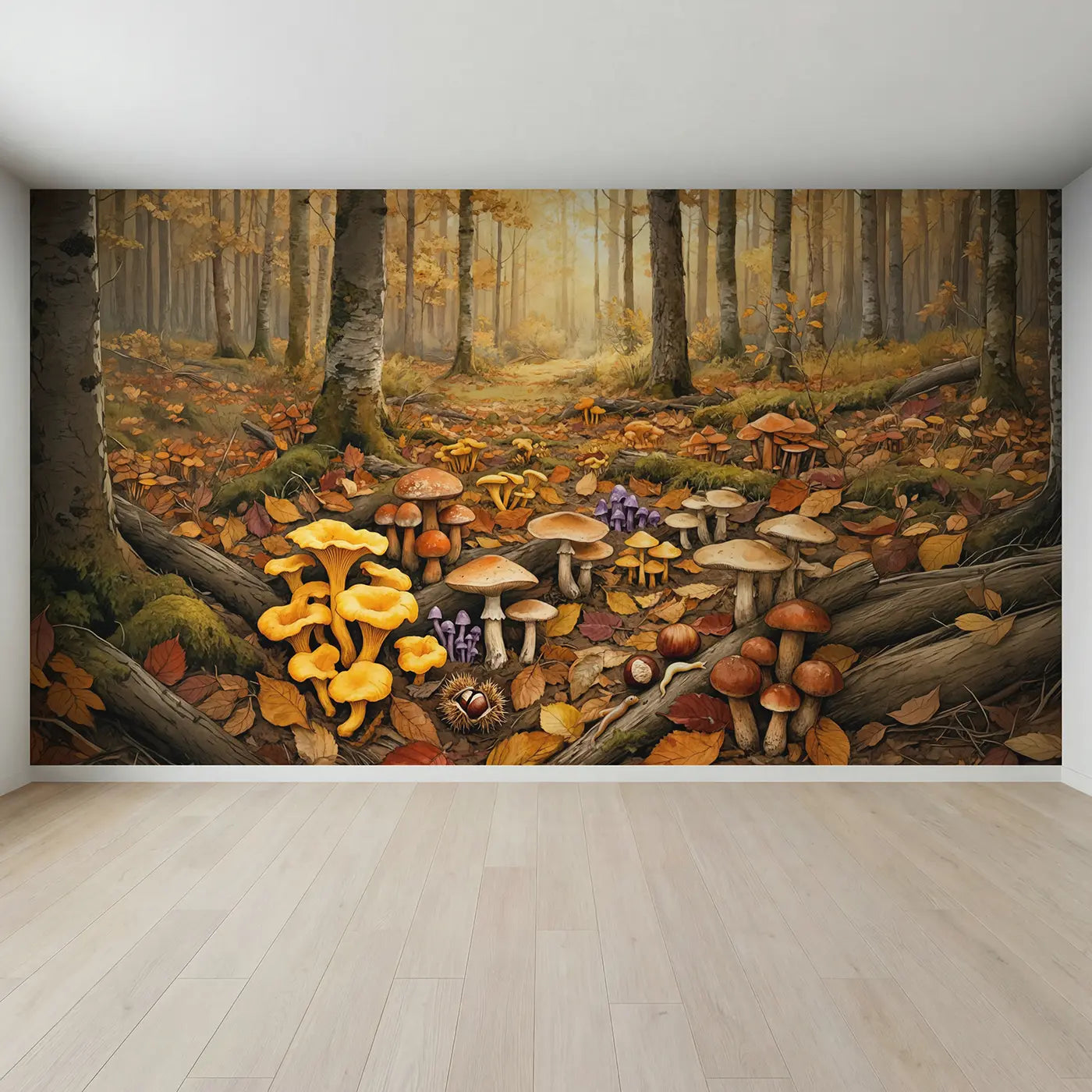 Full view of Autumn Mushroom Forest Floor Wallpaper Mural by Whimsy Tots