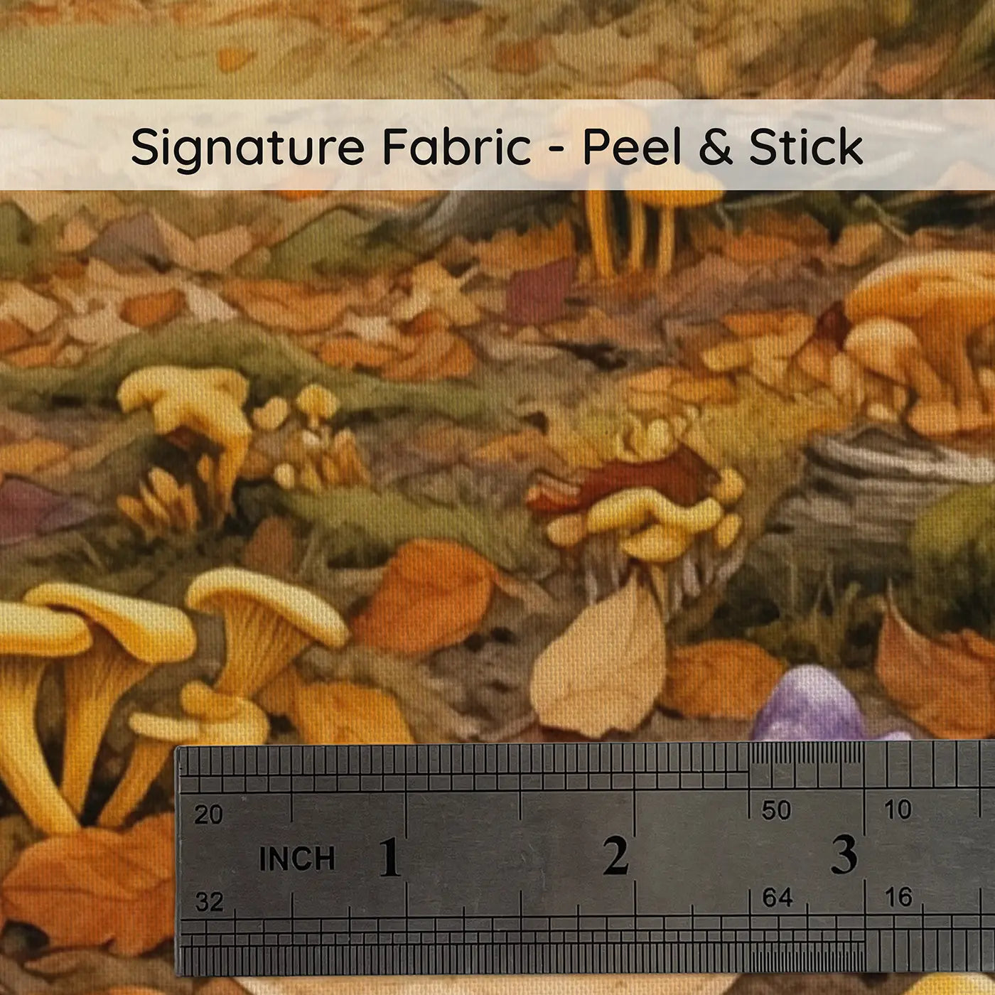 Fabric texture close-up of Autumn Mushroom Forest Floor Wallpaper Mural by Whimsy Tots