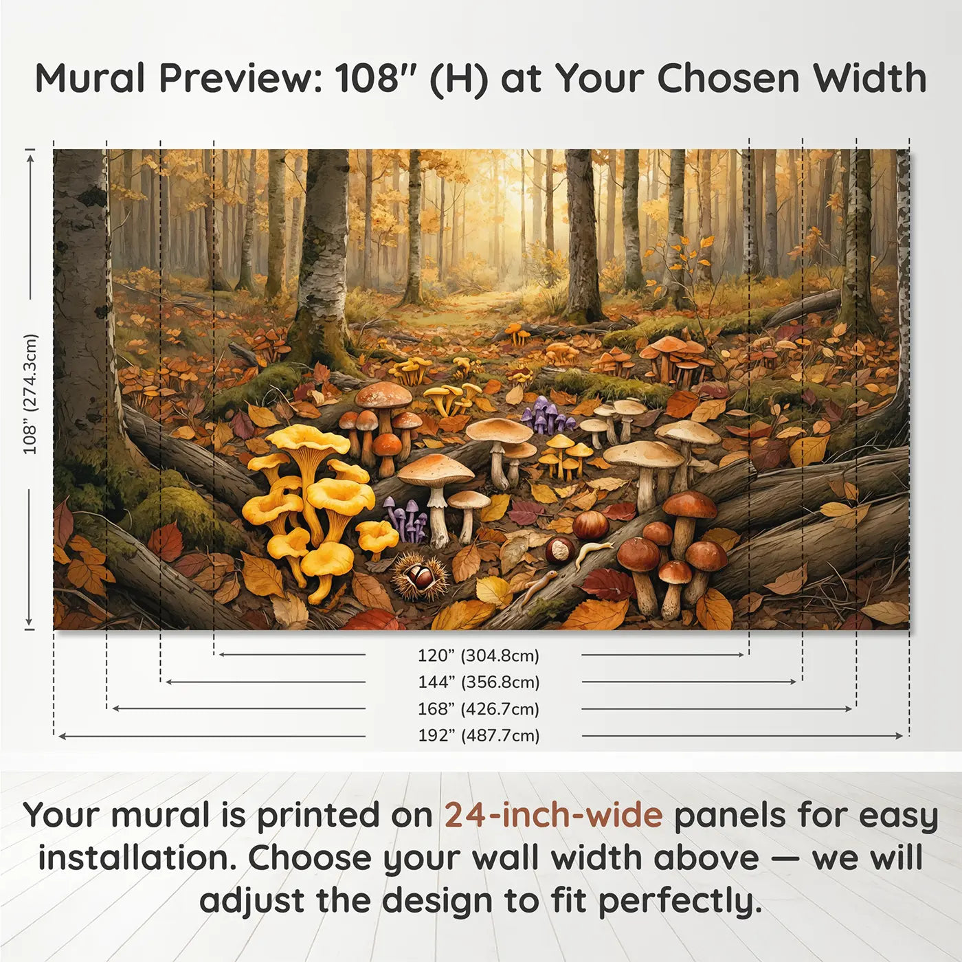 Panel layout and dimensions for Autumn Mushroom Forest Floor Wallpaper Mural by Whimsy Tots