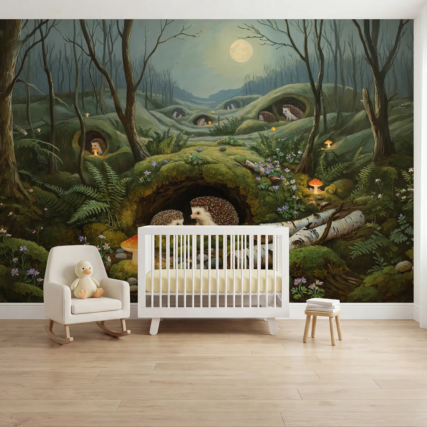 Painted landscape hedgehog family burrow wallpaper mural for kids room by Whimsy Tots