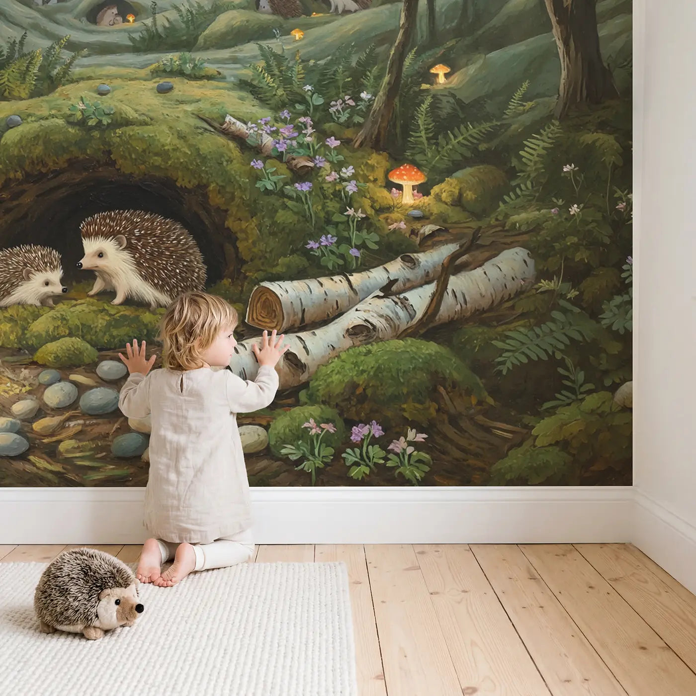 Child in nursery with Hedgehog Family Bedtime Mosslined Wallpaper Mural by Whimsy Tots