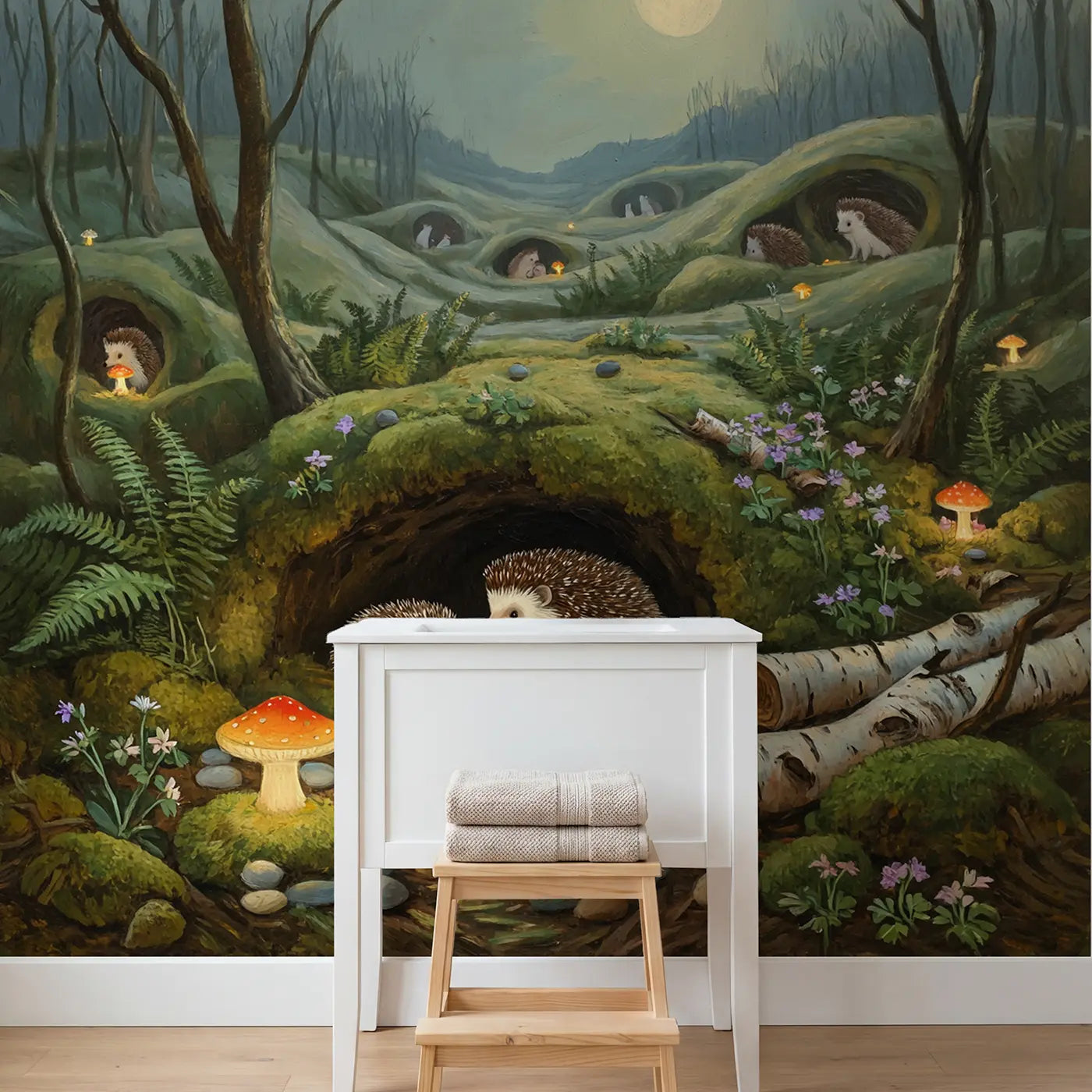 Hedgehog Family Bedtime Mosslined Wallpaper Mural in playroom setting by Whimsy Tots