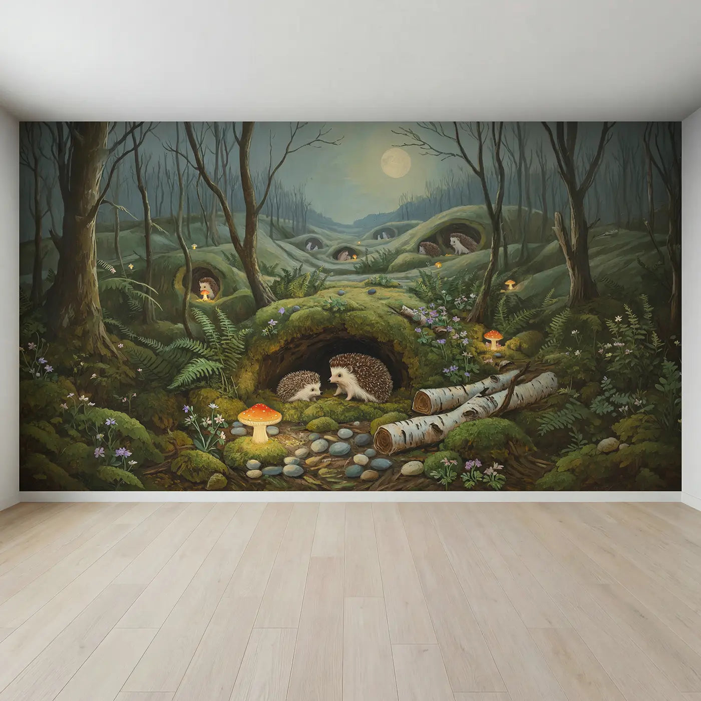 Full view of Hedgehog Family Bedtime Mosslined Wallpaper Mural by Whimsy Tots