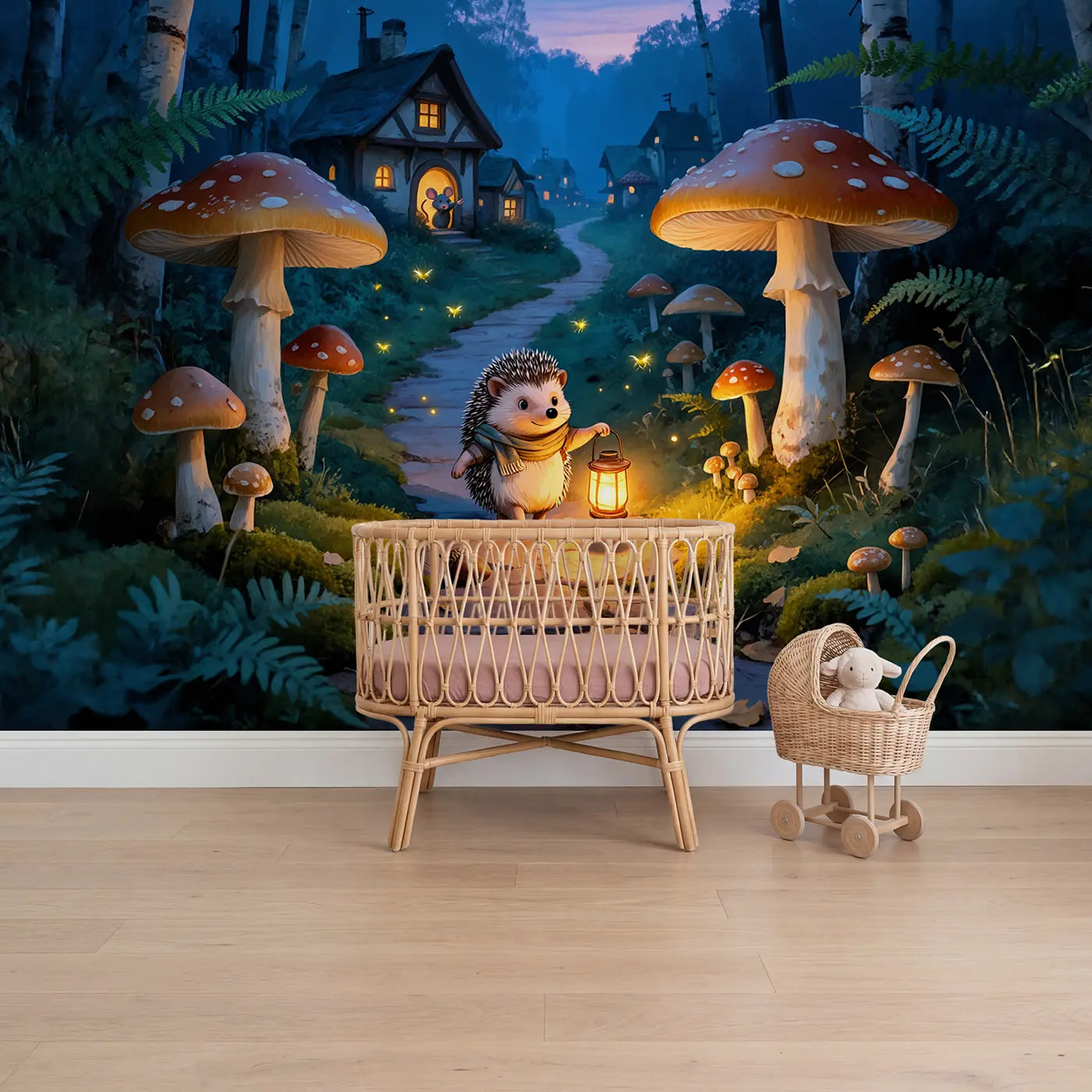 Soft pastel hedgehog lantern forest path wallpaper mural for girls nursery by Whimsy Tots