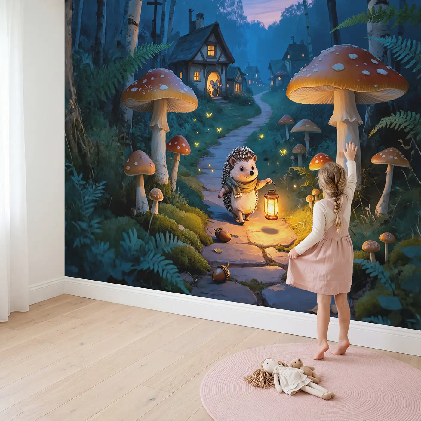 Child in nursery with Hedgehog Night Patrol Wallpaper Mural by Whimsy Tots