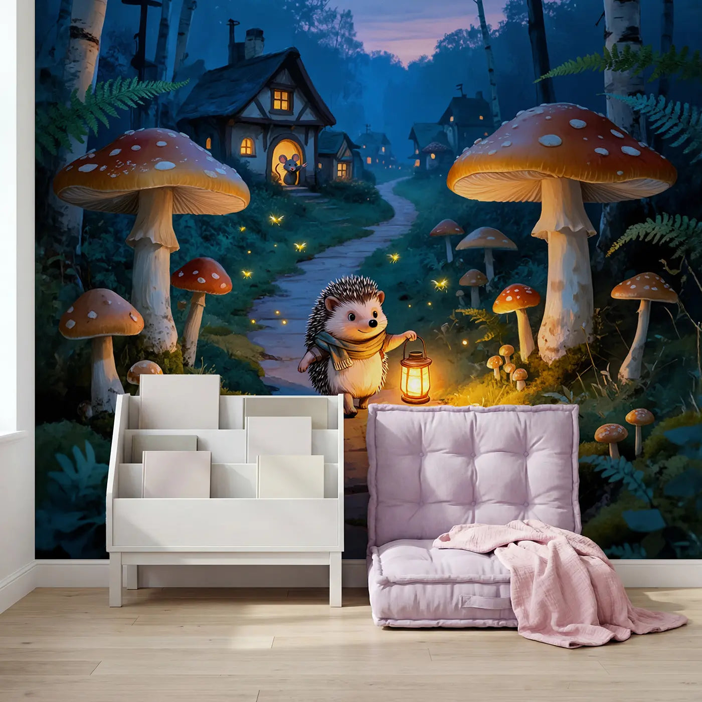 Hedgehog Night Patrol Wallpaper Mural in playroom setting by Whimsy Tots