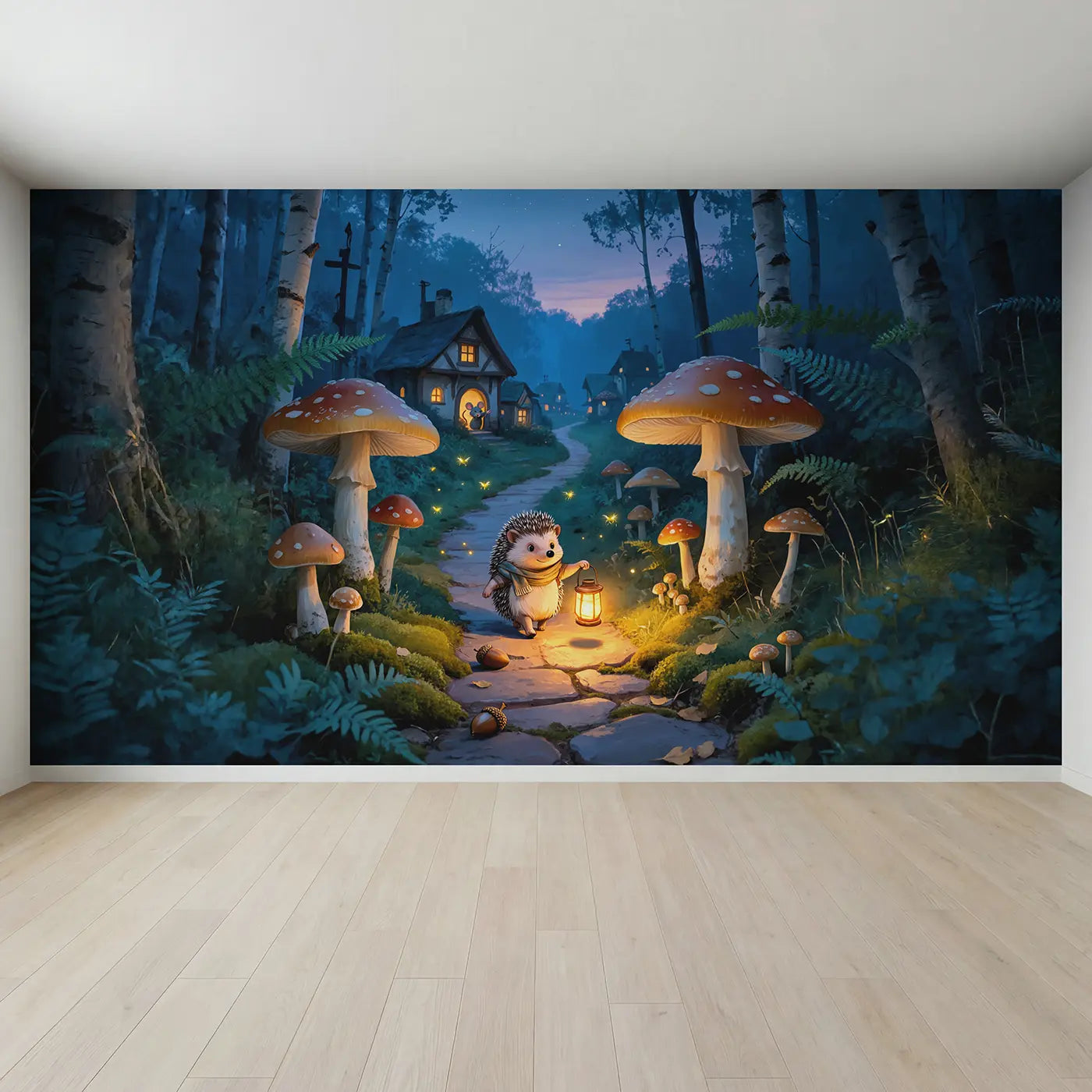 Full view of Hedgehog Night Patrol Wallpaper Mural by Whimsy Tots