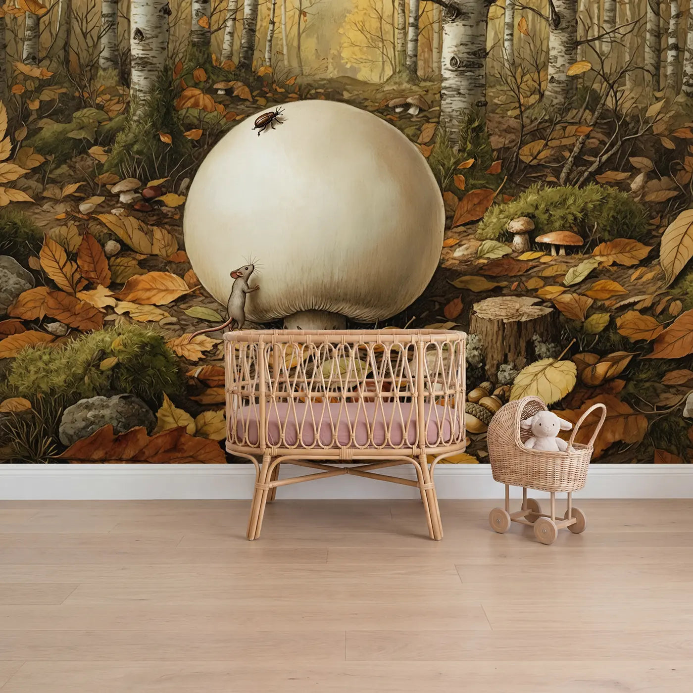 storybook illustration puffball mushroom autumn clearing mural for girls nursery by Whimsy Tots