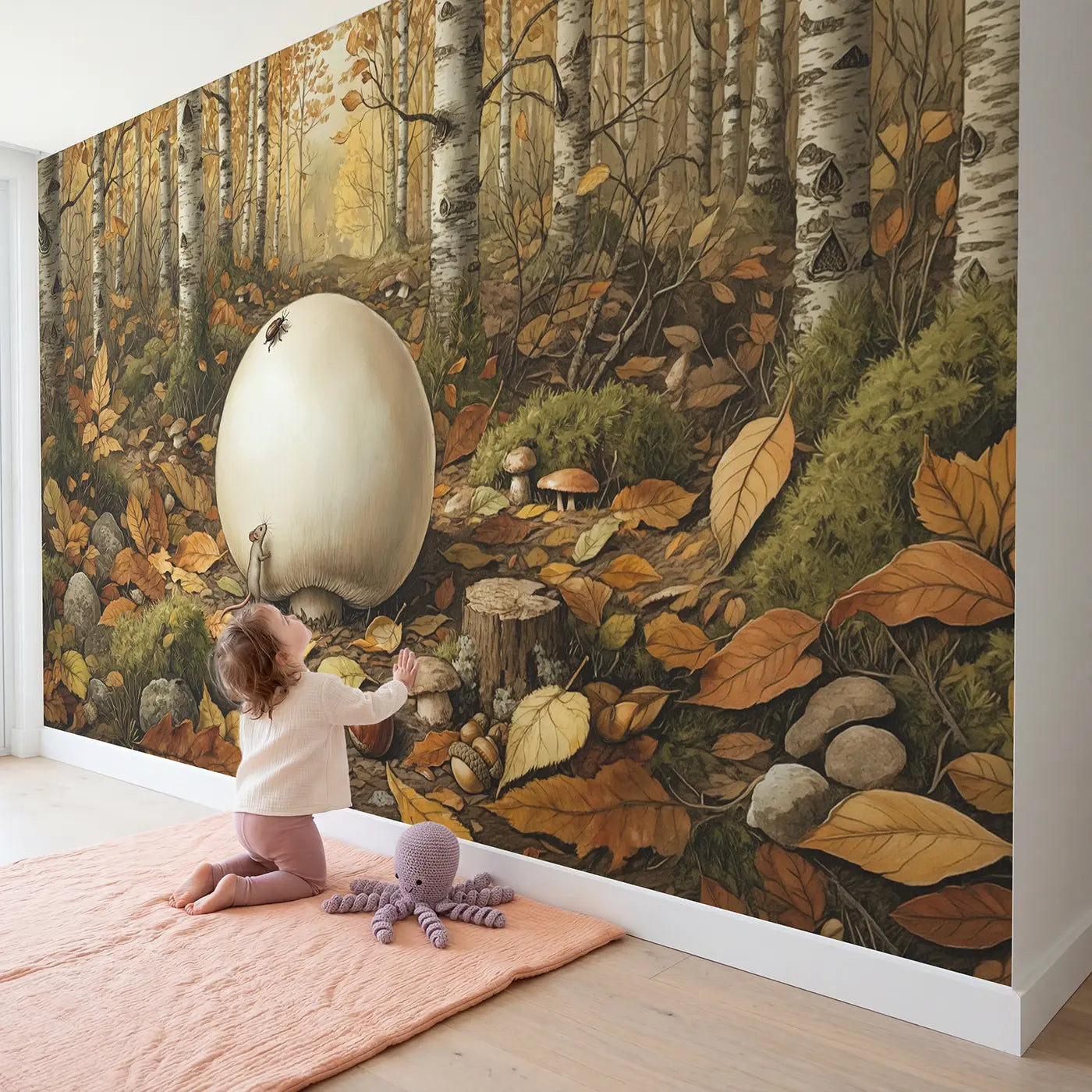 Child in nursery with Giant Puffball Autumn Clearing Wallpaper Mural by Whimsy Tots